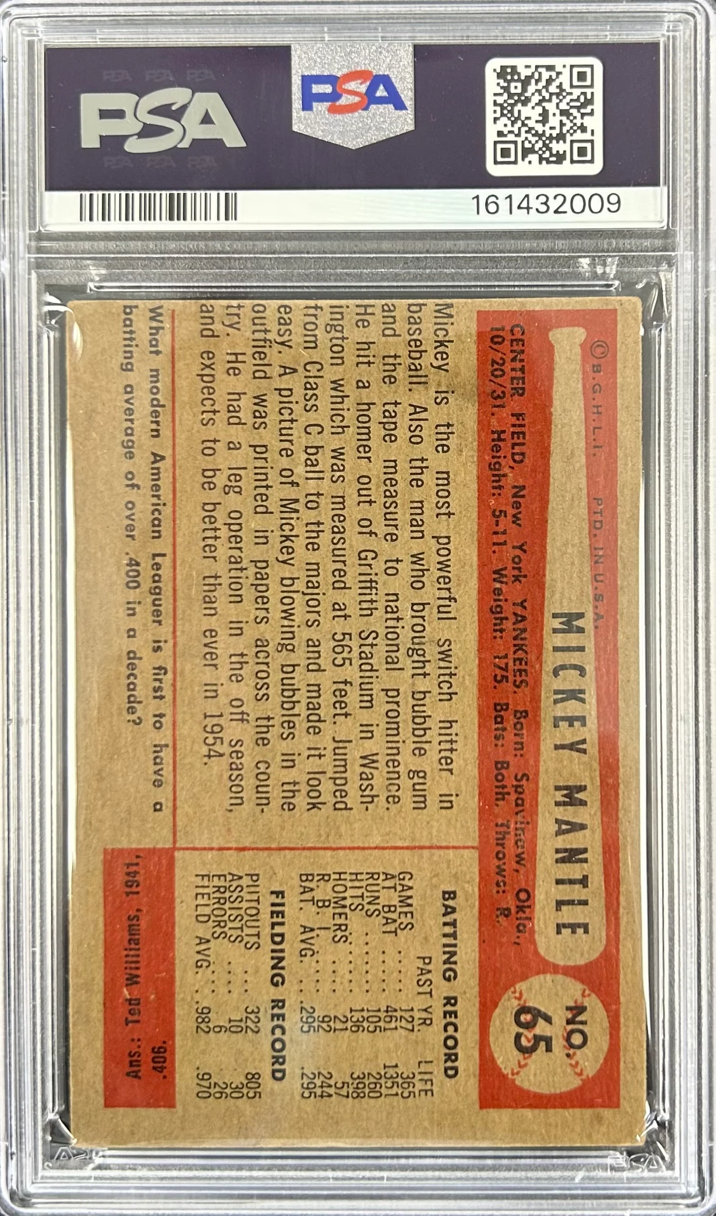 1954 Bowman #65 Mickey Mantle PSA 3 - Image 2