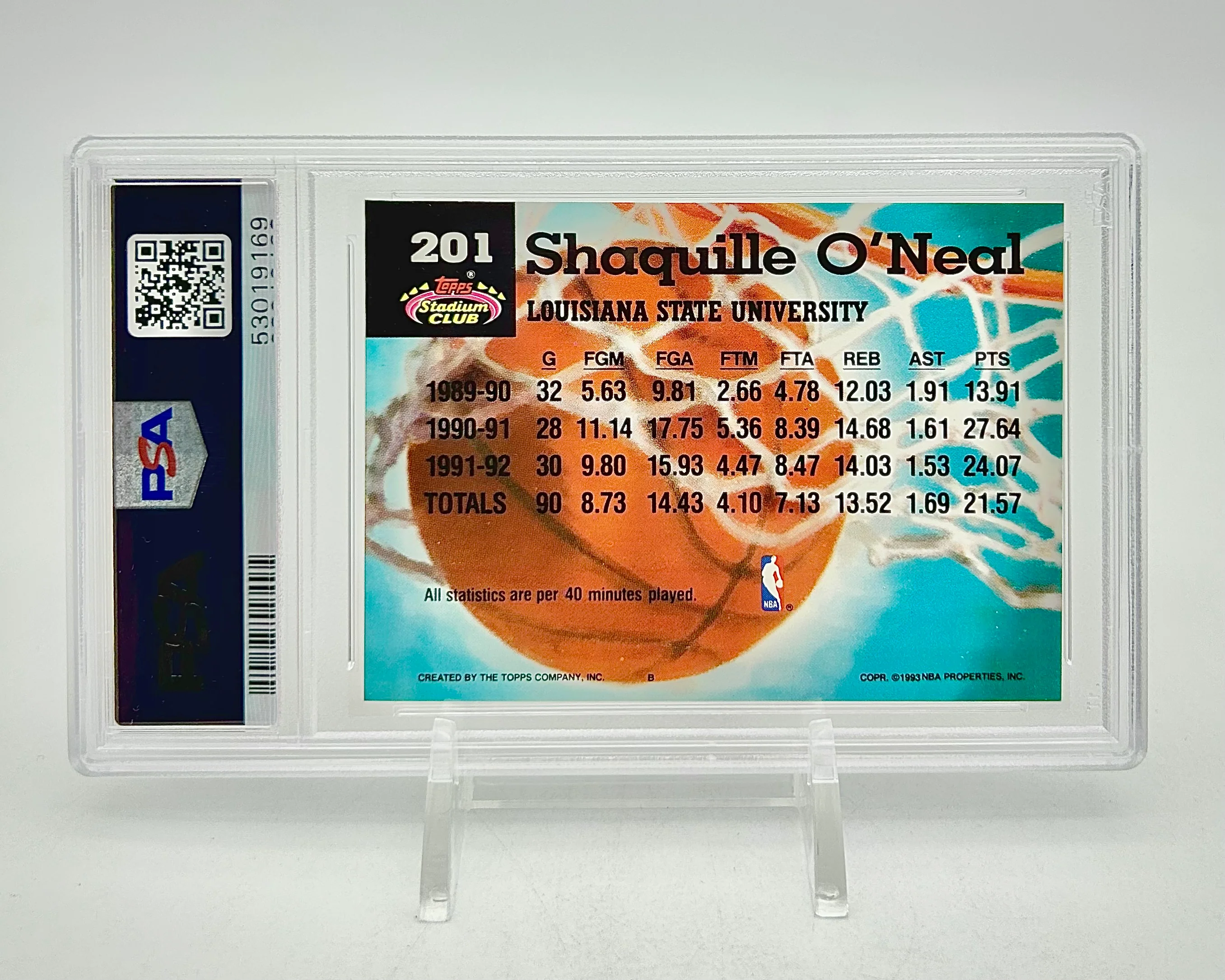 1992 Topps Stadium Club: #201 Shaquille O'Neal (PSA 9) - Image 2