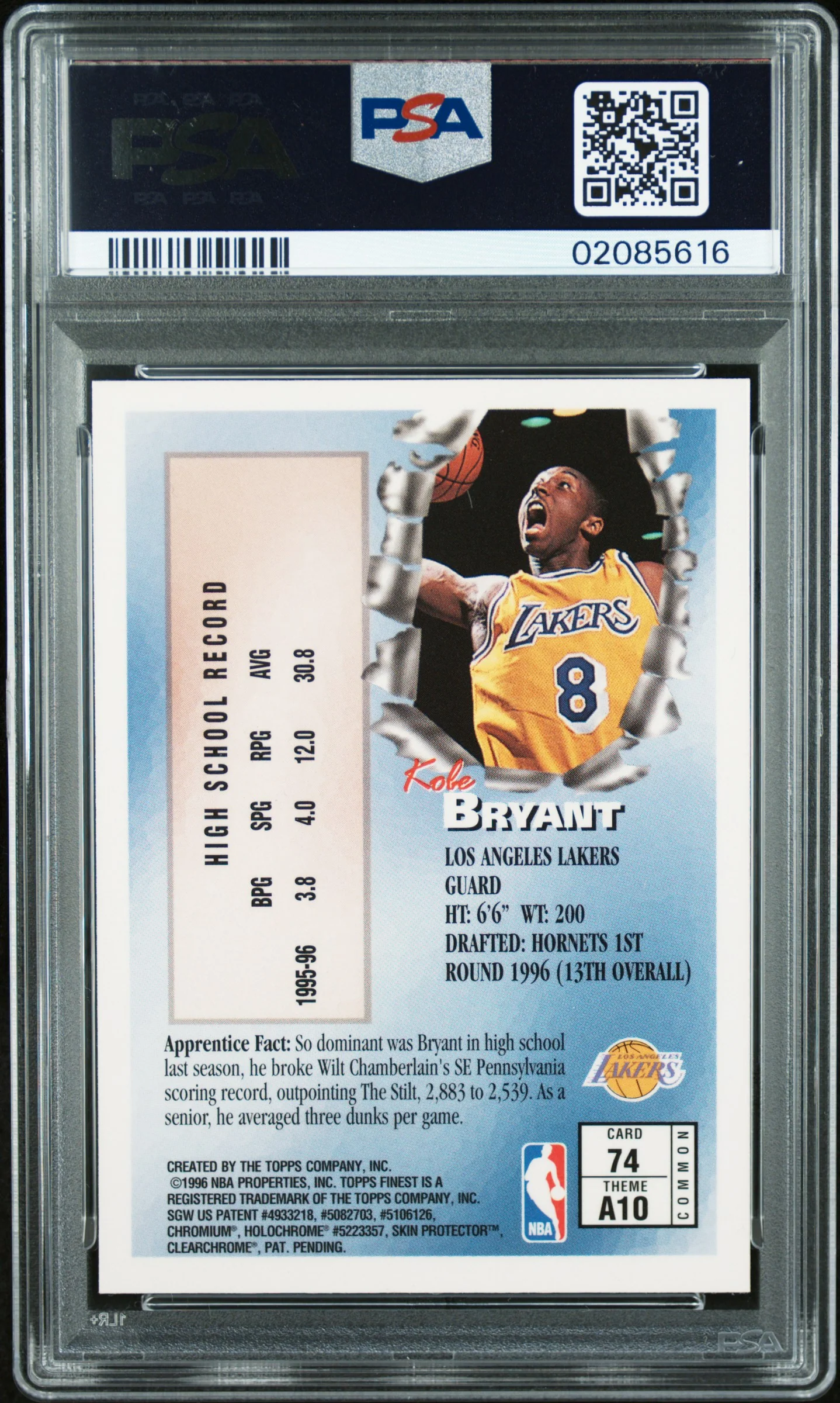 1996-97 Topps Finest W/Coating Kobe Bryant #74 PSA 10 - Image 2