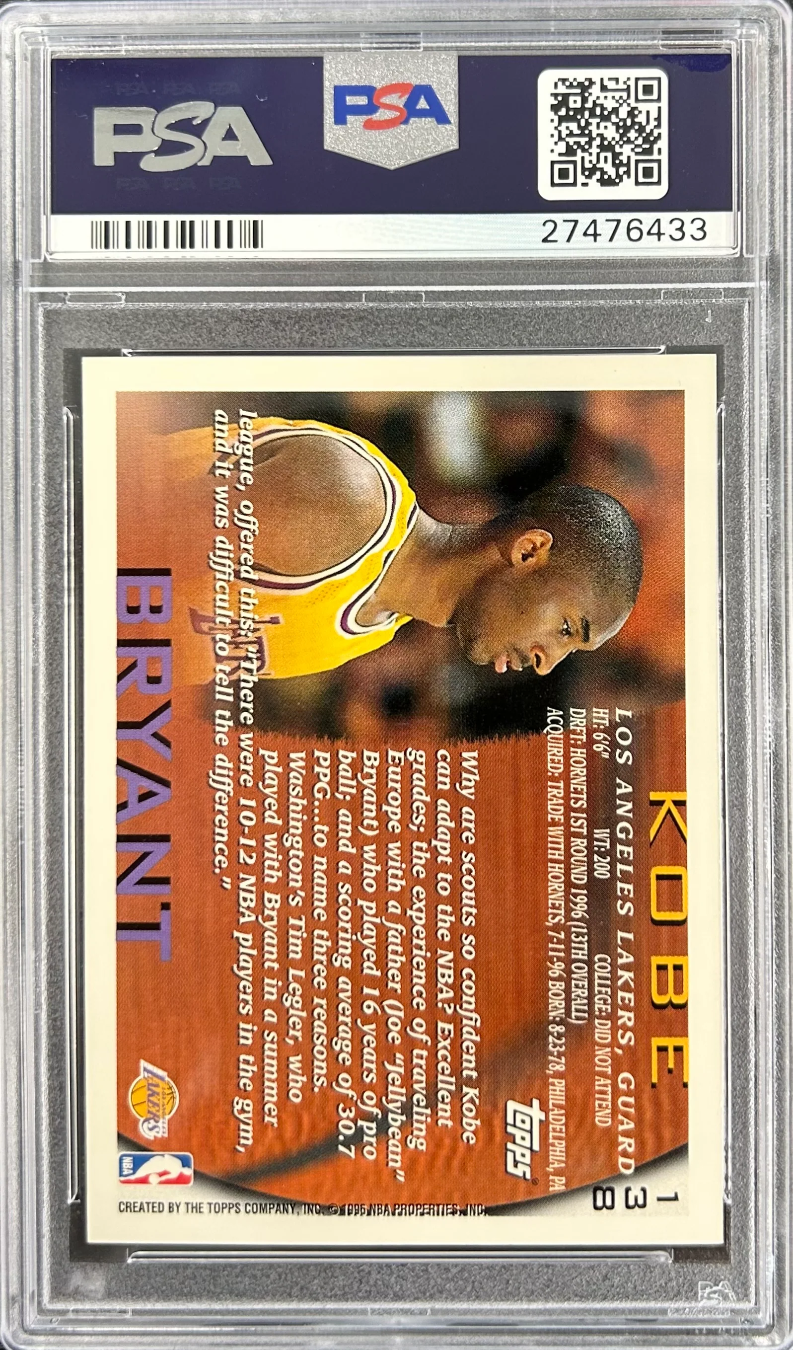 1996 Topps #138 Kobe Bryant PSA 9 - Image 2