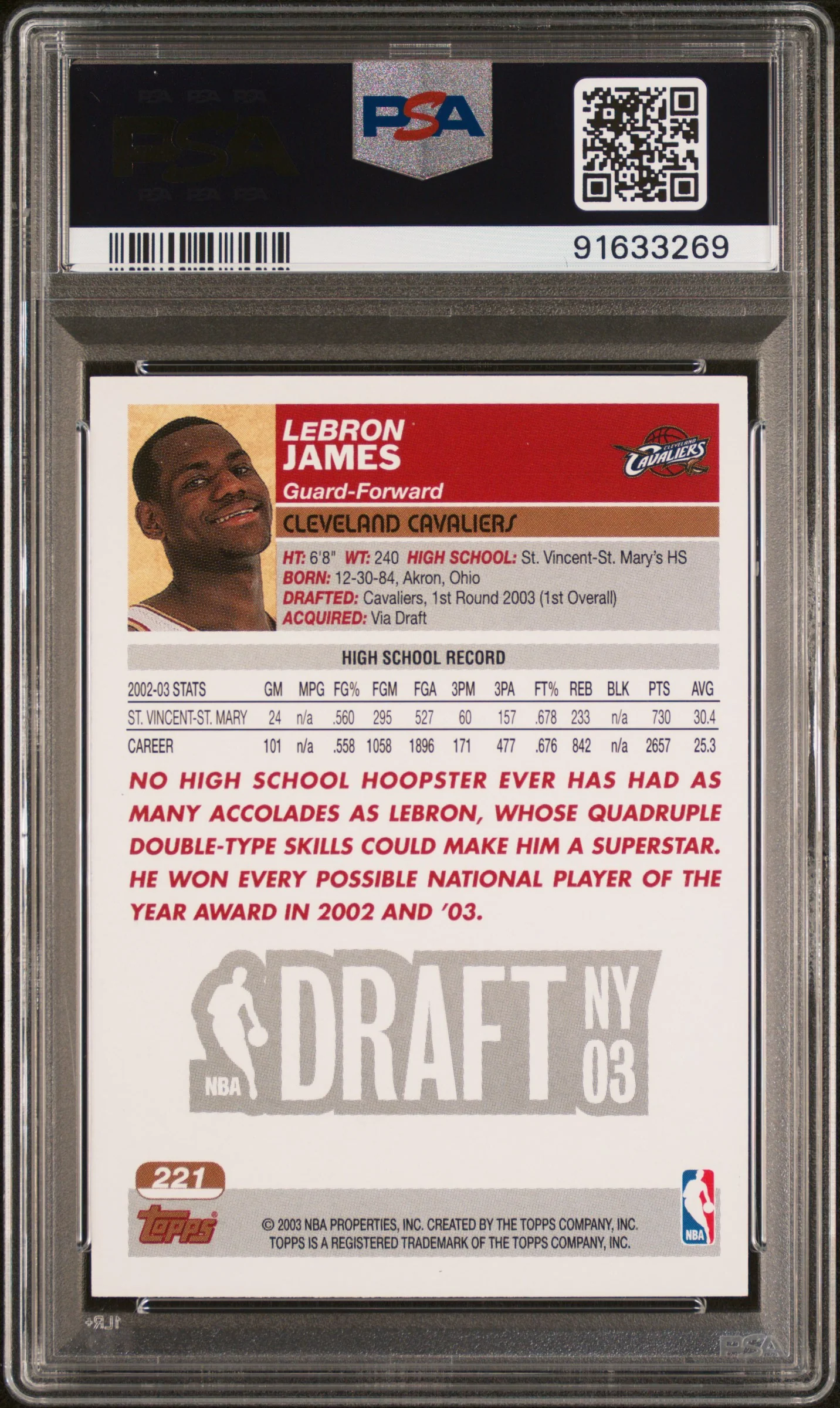 2003 Topps LeBron James #221 PSA 9 - Image 2