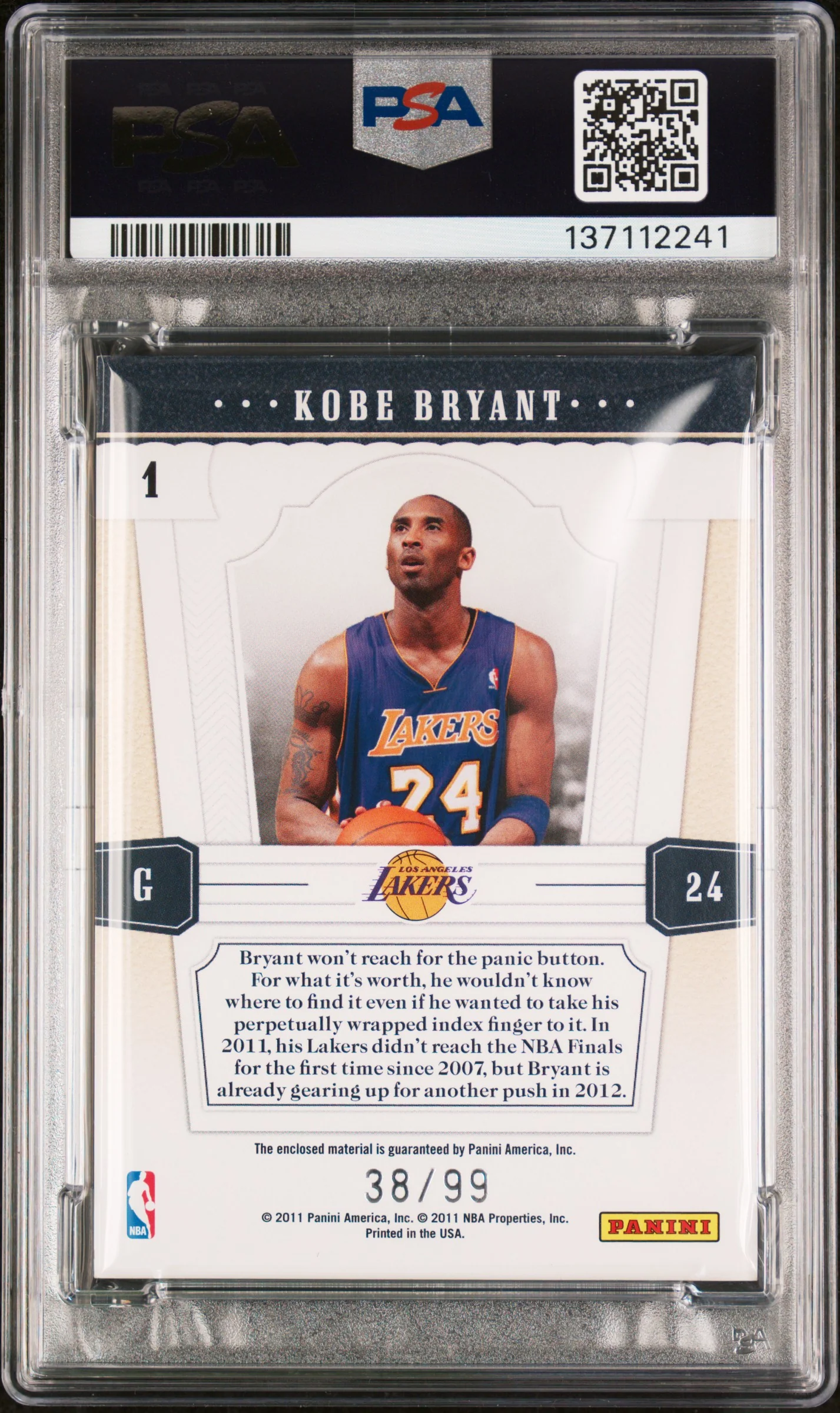 2010 Panini Playoff National Treasures Timeline Materials /99 #1 Kobe Bryant PSA 8 - Image 2