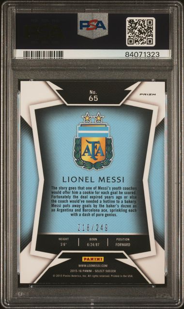 2015 Panini Select Striped Jersey Camo Prizm 218/249 #65 Lionel Messi PSA 10 - Image 2