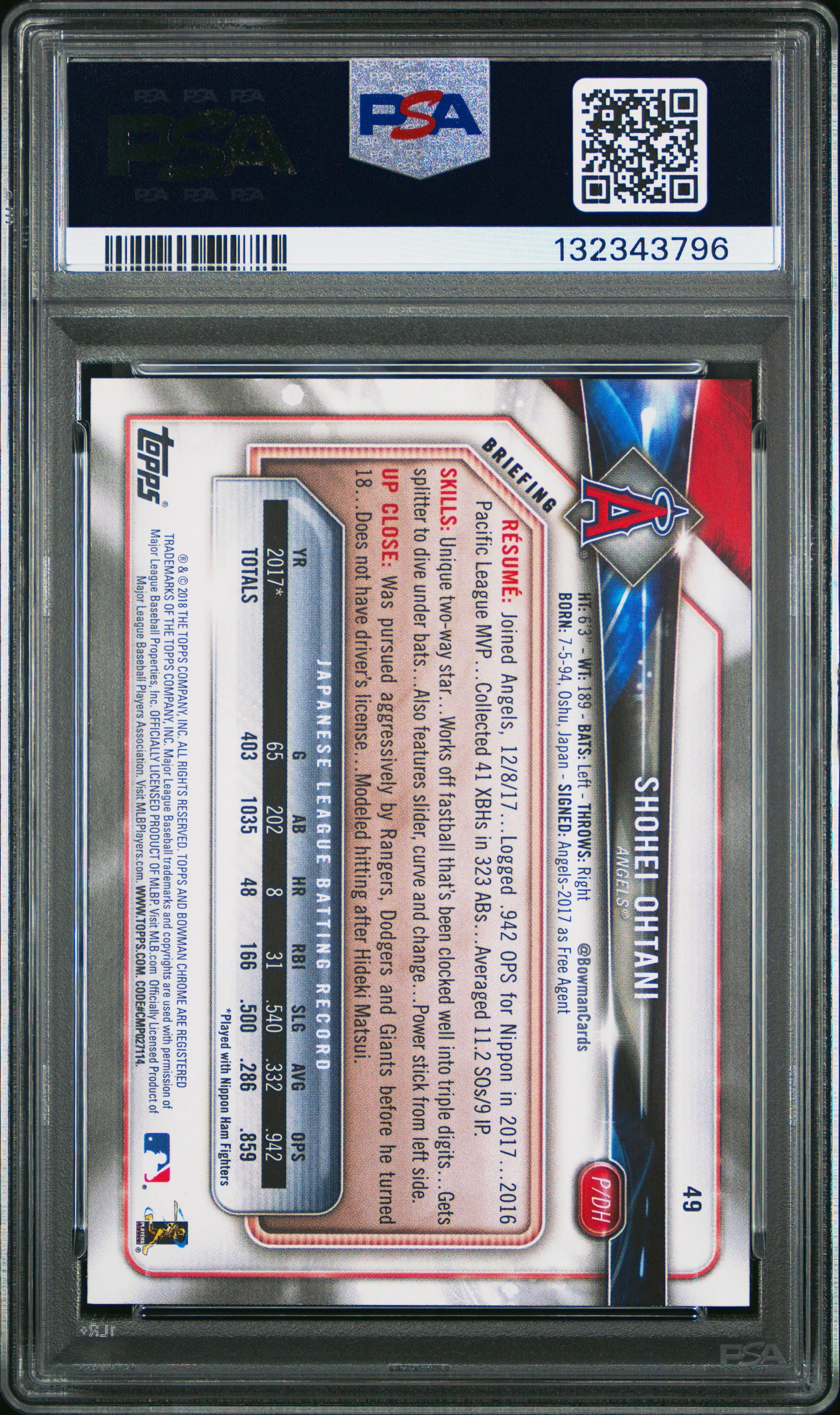 2018 Bowman #49 Shohei Ohtani PSA 8 - Image 2