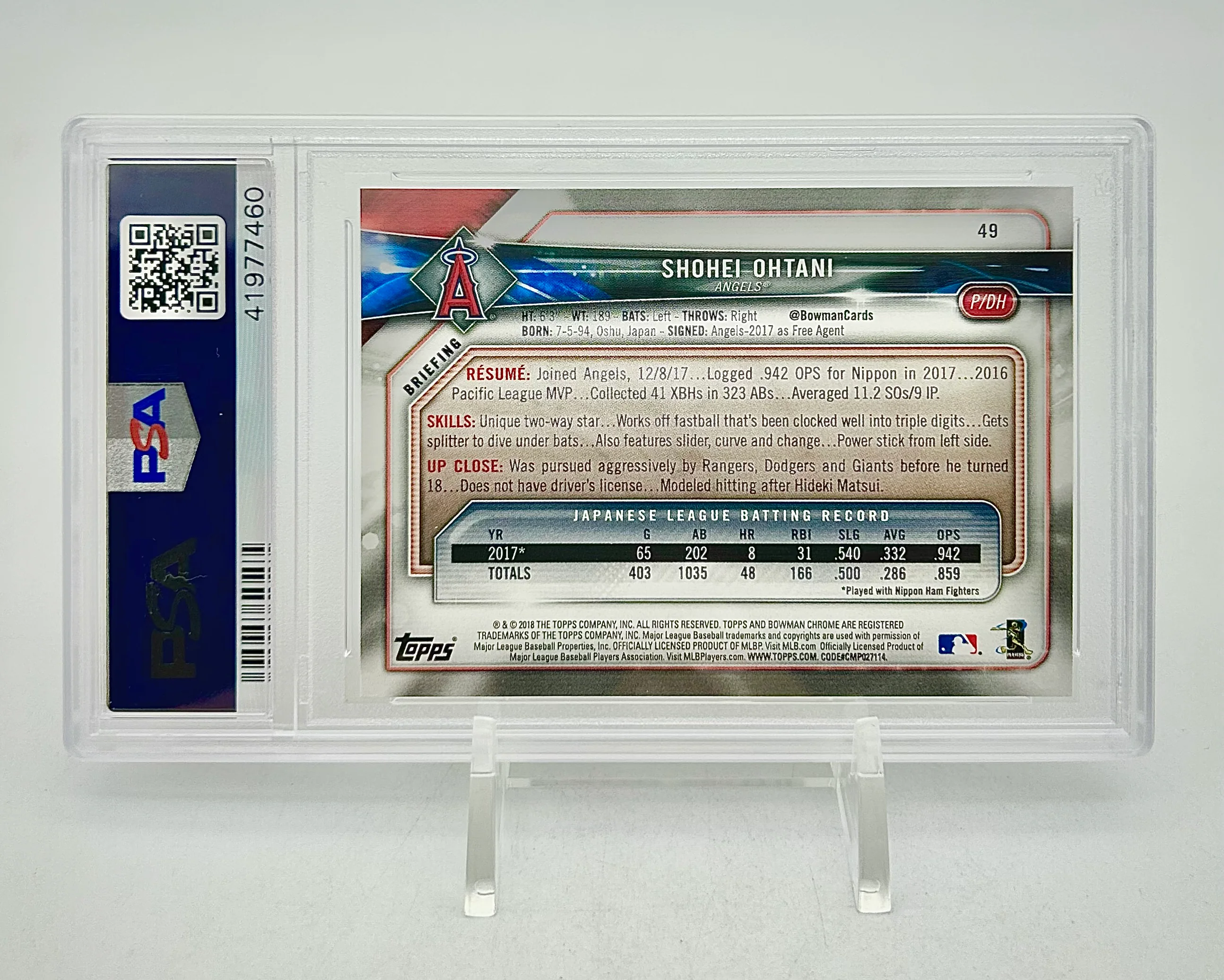 2018 Bowman Shohei Ohtani #49 PSA 10 - Image 2