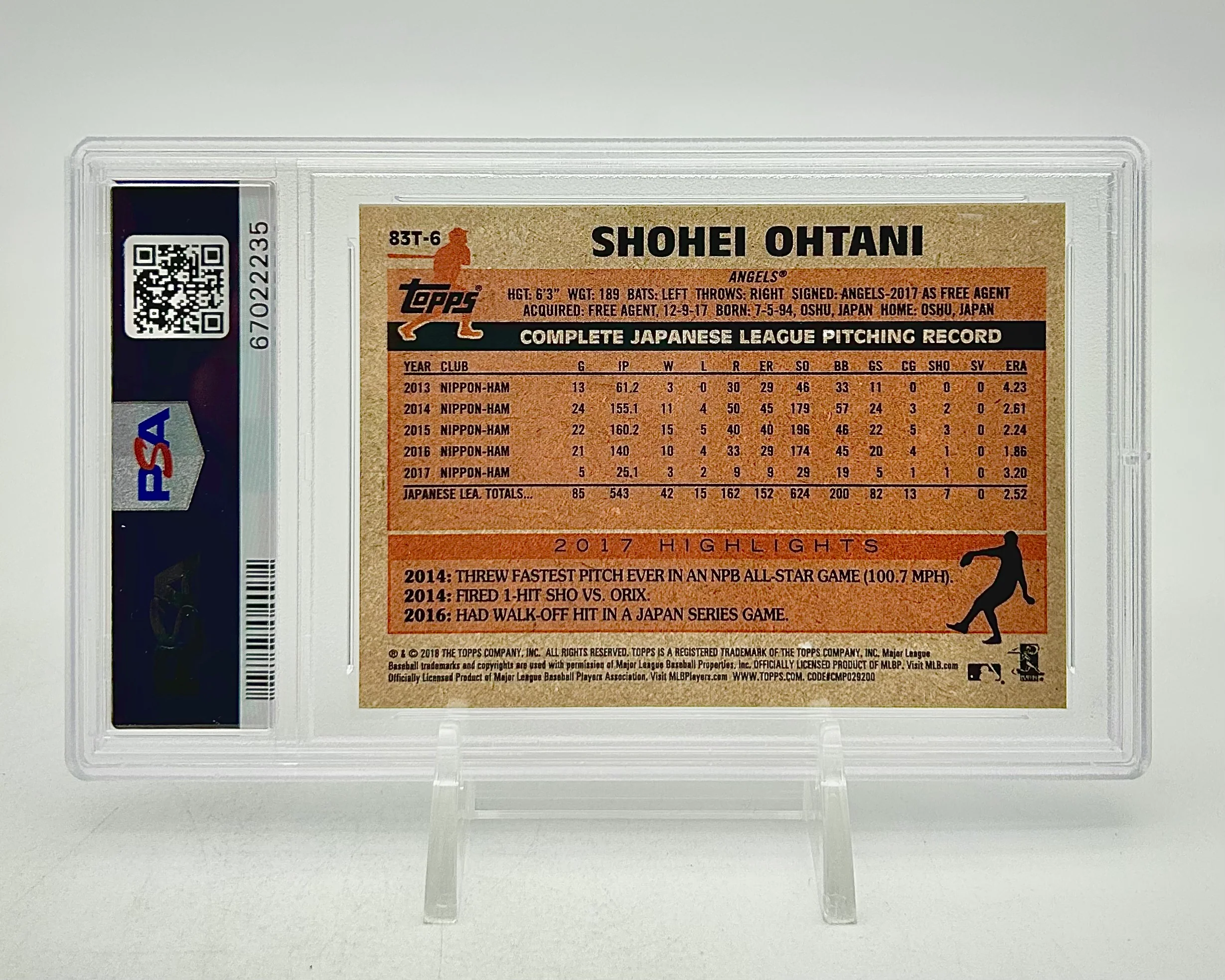 2018 Topps Chrome 1983 Topps Shohei Ohtani #83T-6 PSA 10 - Image 2