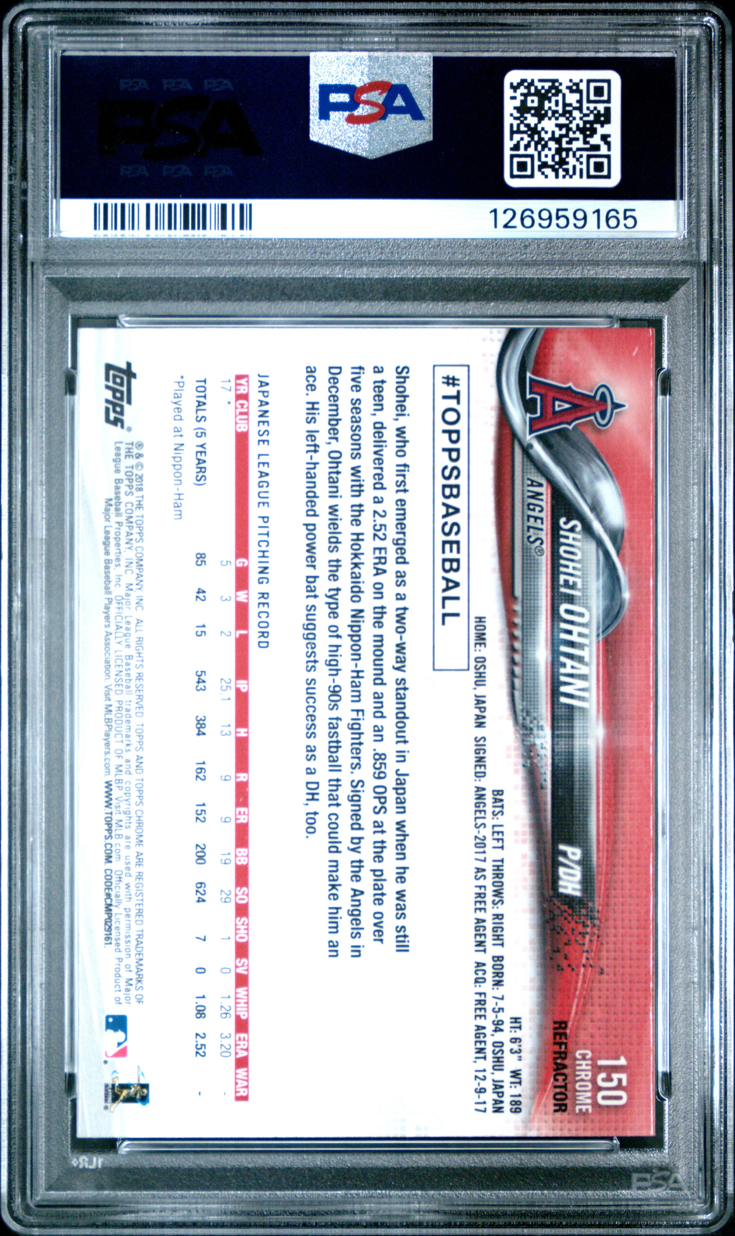 2018 Topps Chrome Pitching Sepia Refractor Shohei Ohtani #150 PSA 10 - Image 2