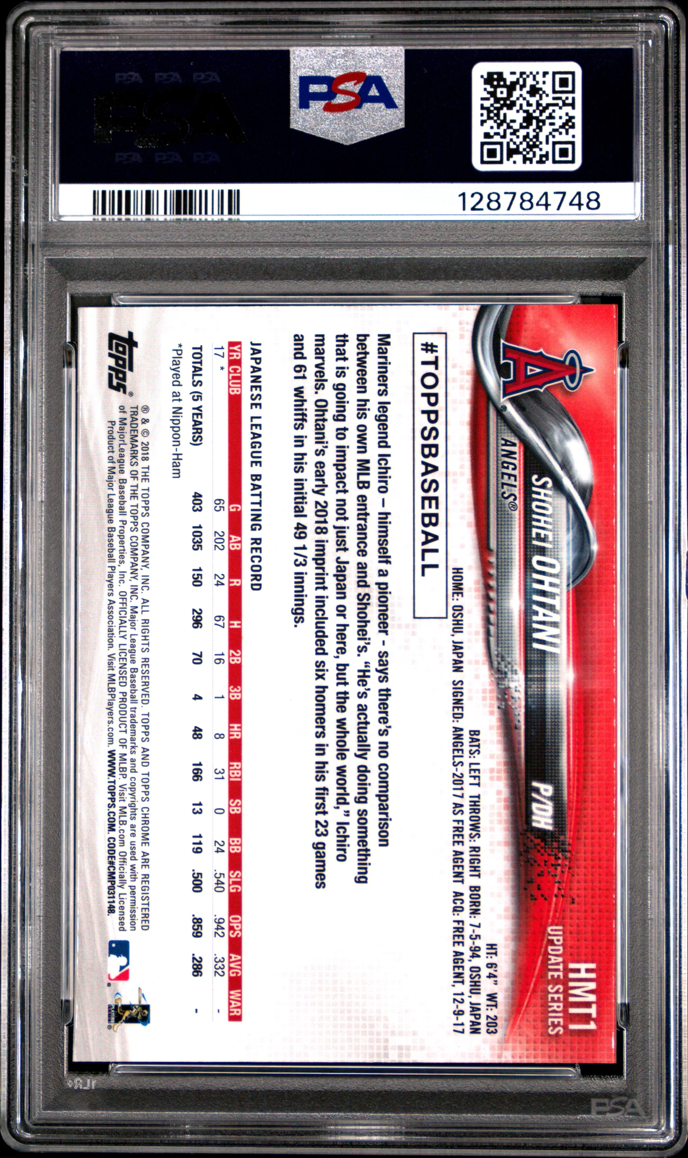 2018 Topps Chrome Update #HMT1 Shohei Ohtani PSA 10 - Image 2