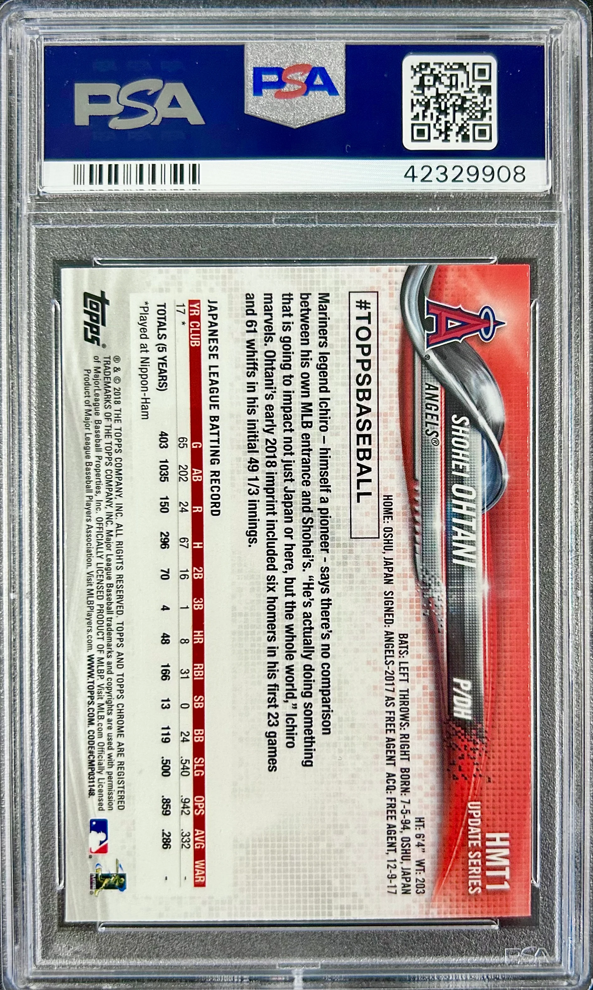 2018 Topps Chrome Update #HMT1 Shohei Ohtani PSA 10 - Image 2