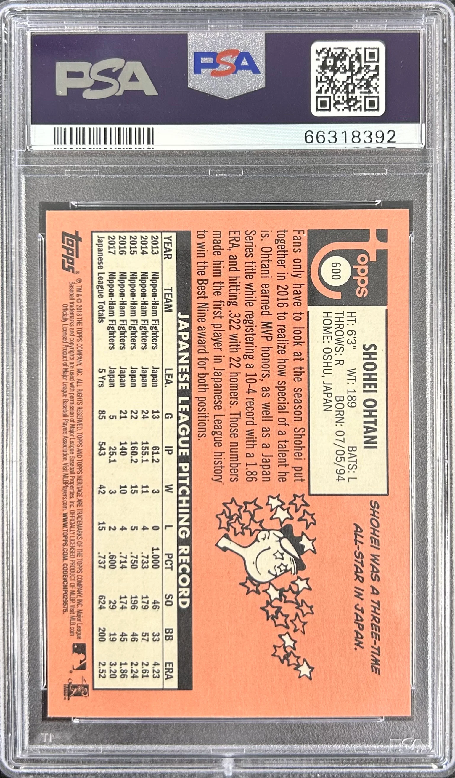 2018 Topps Heritage #600 Shohei Ohtani PSA 10 (66318392) - Image 2