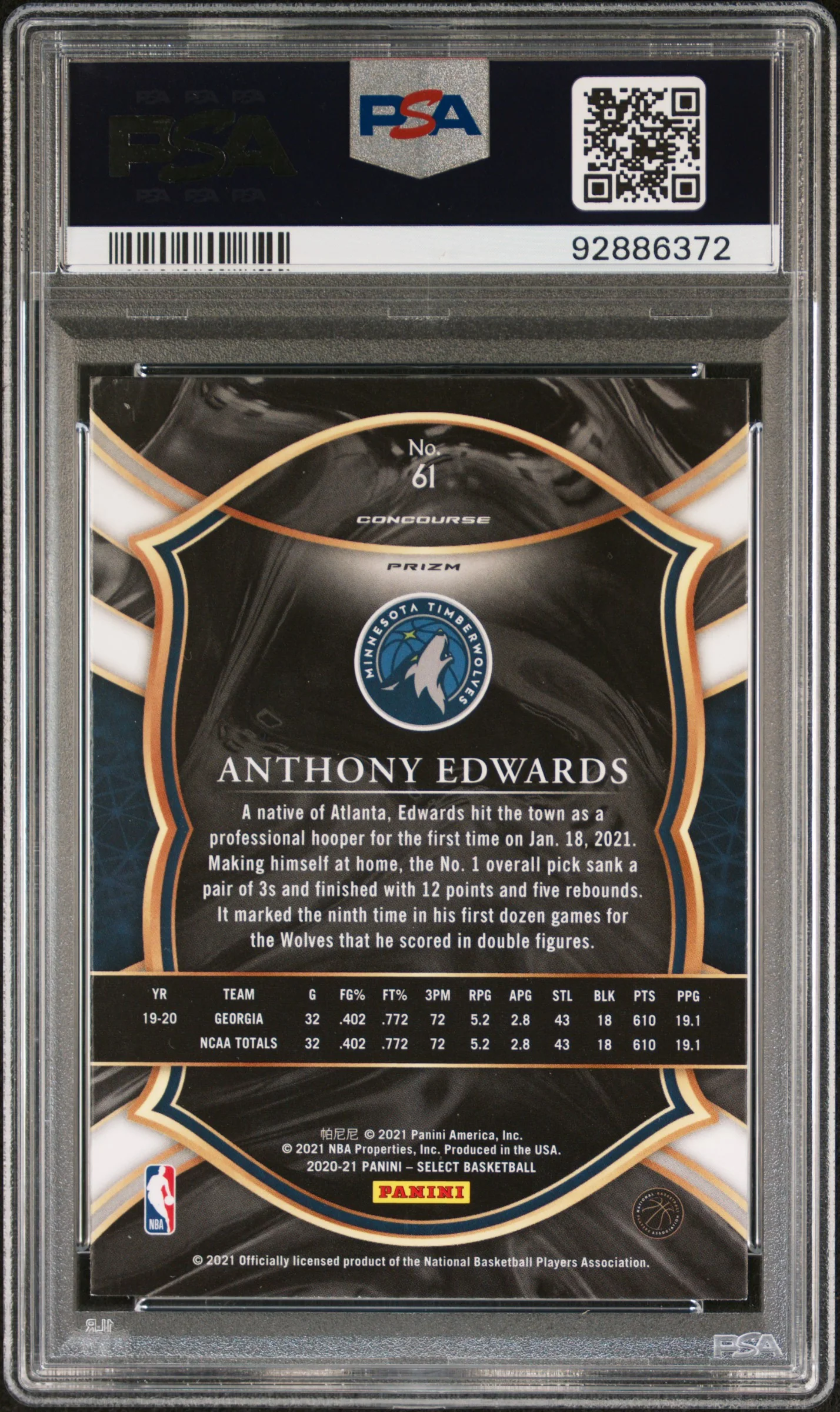 2020 Panini Select Green/White/Purple Anthony Edwards #61 PSA 10 - Image 2
