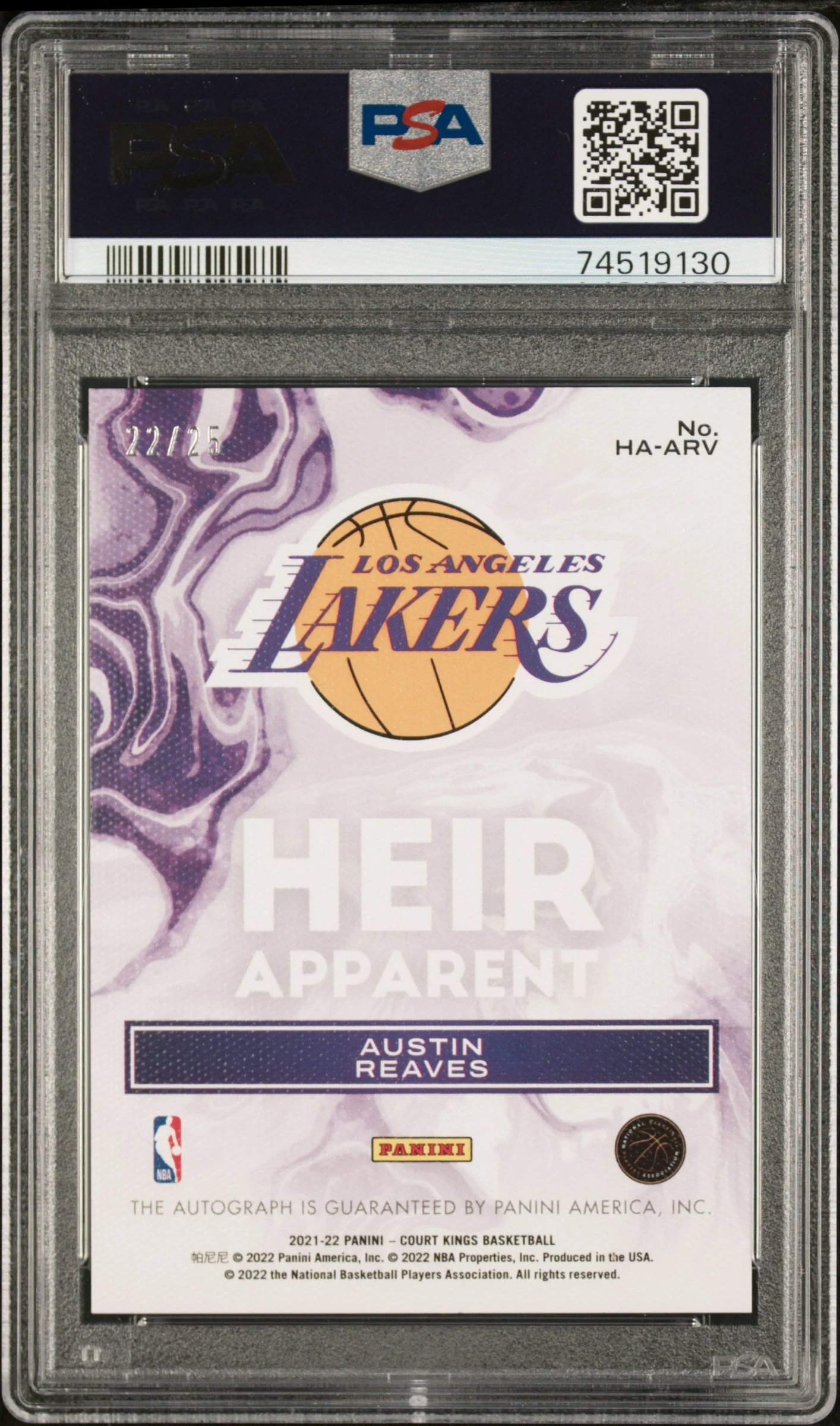 2021-22 Panini Court Kings Heir Apparent Autograph Sapphire /25 Austin Reaves #HA-ARV PSA 10 - Image 2