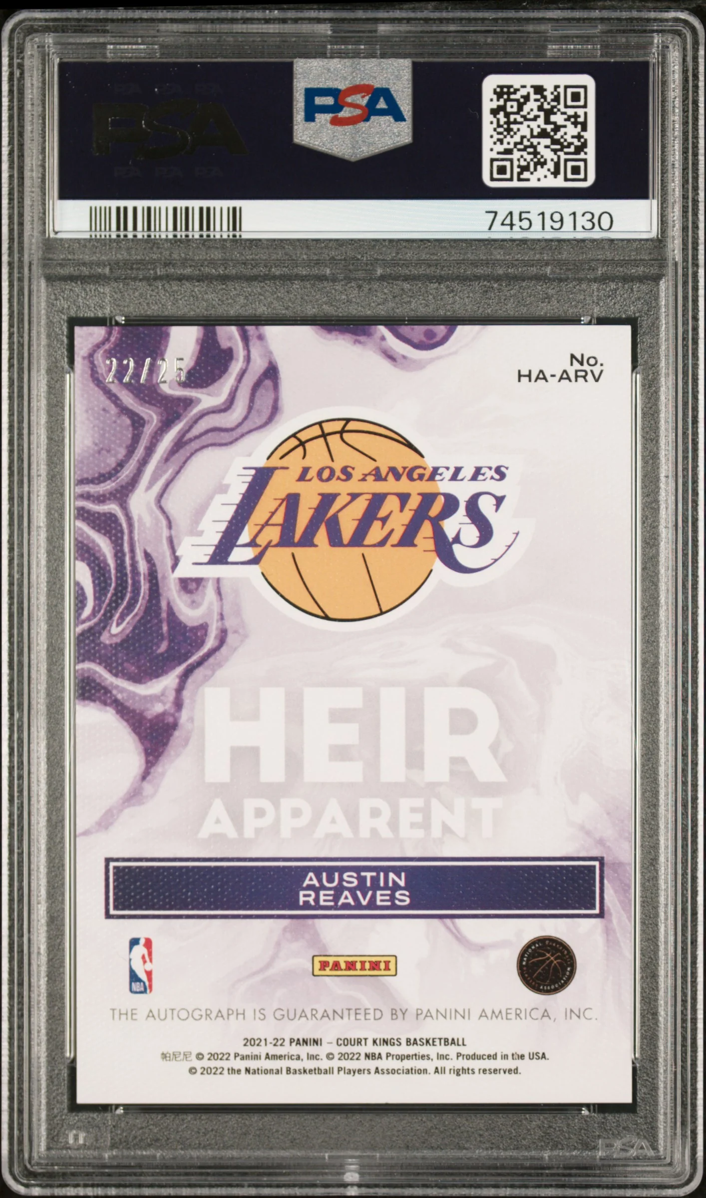 2021-22 Panini Court Kings Heir Apparent Autograph Sapphire /25 Austin Reaves #HA-ARV PSA 10 - Image 3