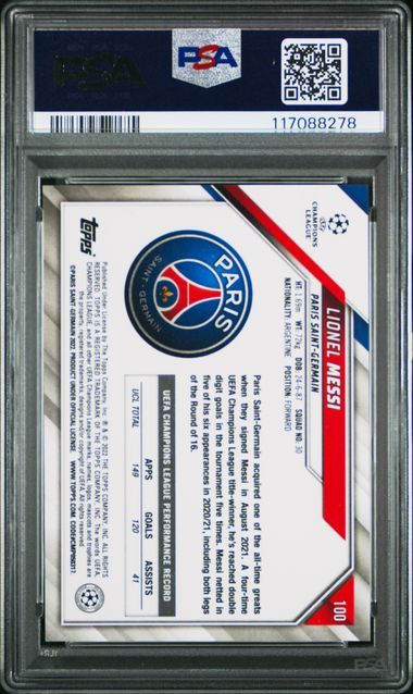 2021-22 Topps Chrome Sapphire Edition UEFA #100 Lionel Messi PSA 10 - Image 2
