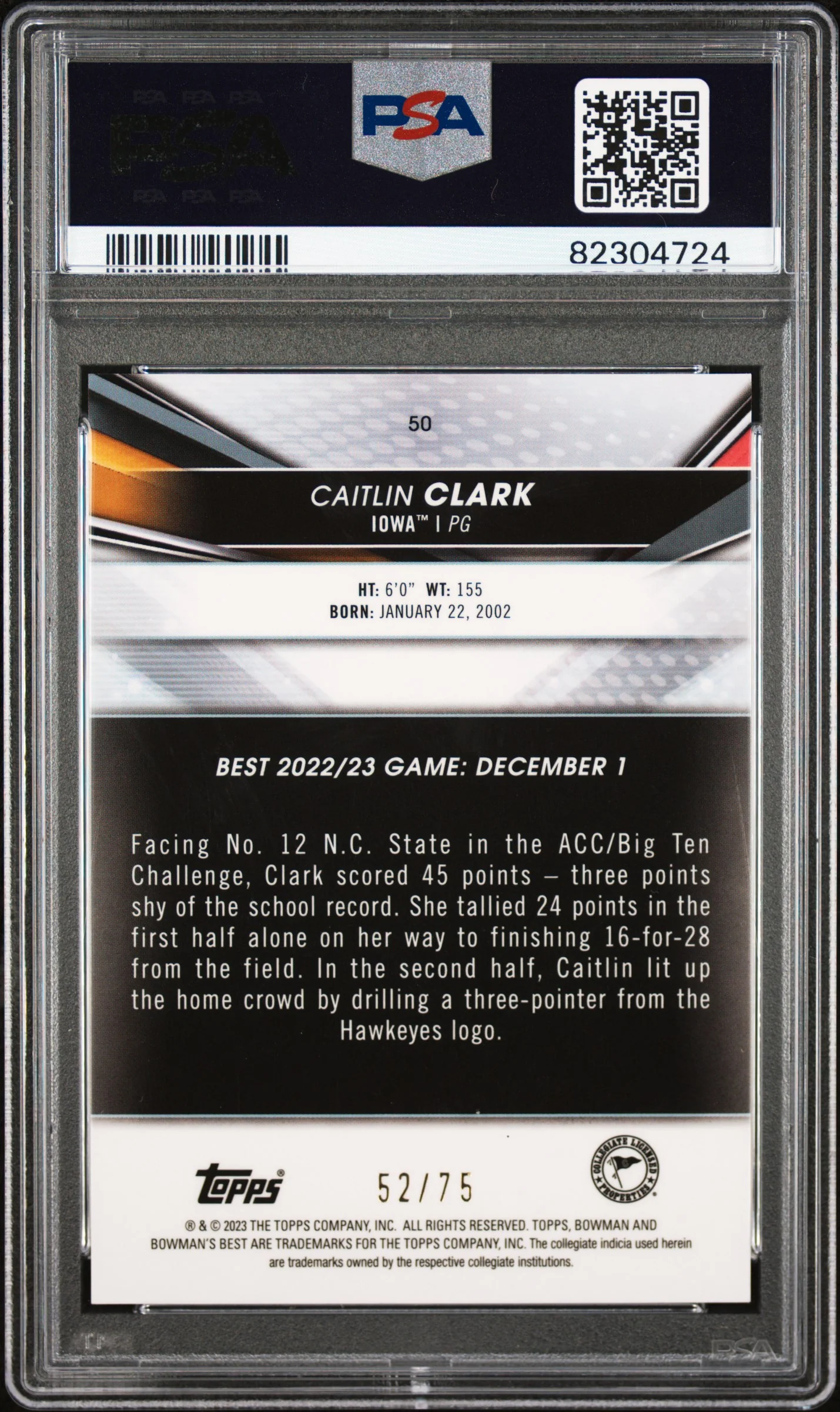 2022 Bowman University Best Gold Lava Refractor /75 #50 Caitlin Clark PSA 10 - Image 2