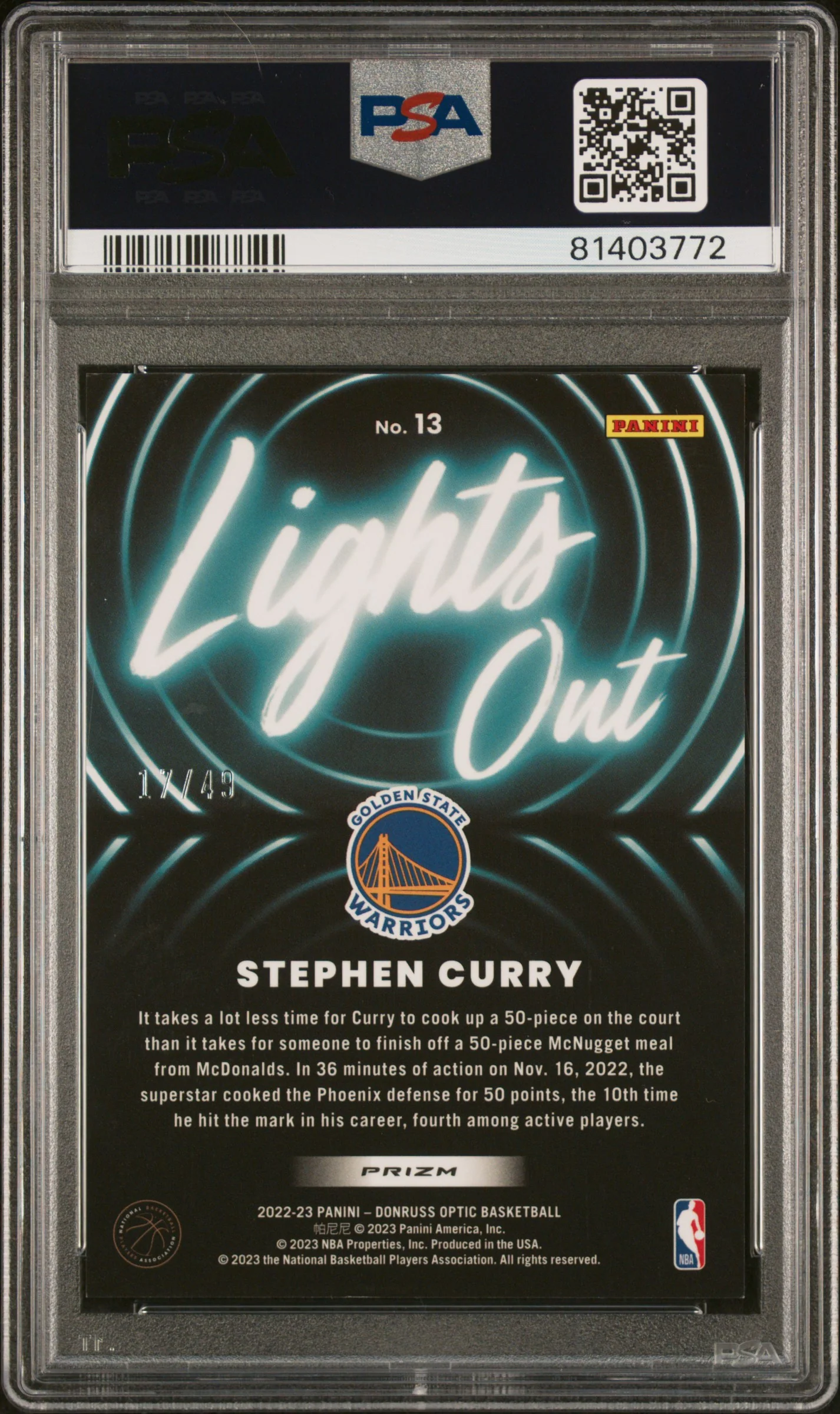 2022 Panini Donruss Optic Lights Out Blue /49: #13 Stephen Curry (PSA 10) - Image 2
