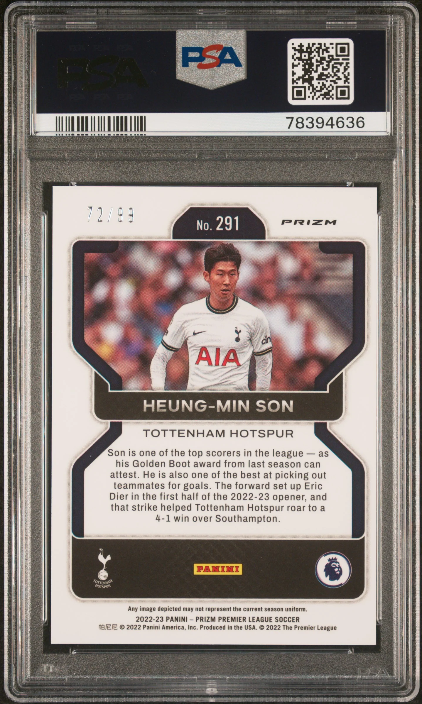 2022 Panini Prizm Premier League Red Mojo /99 #291 Heung-Min Son PSA 9 - Image 2