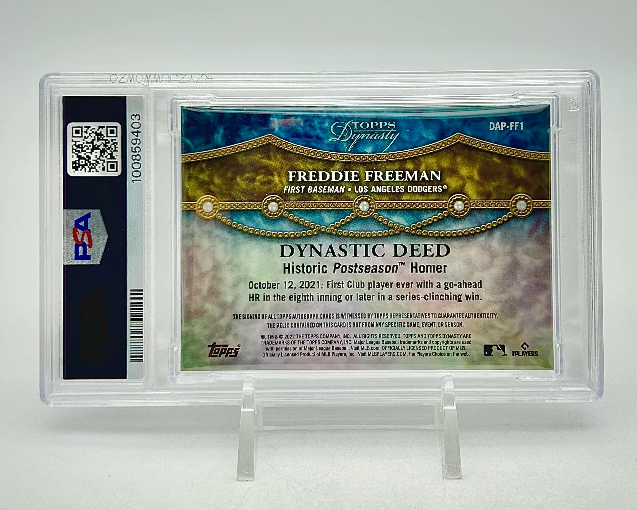 2022 Topps Dynasty Autographed Patch 05/10: #DAP-FF1 Freddie Freeman (PSA 8) - Image 2