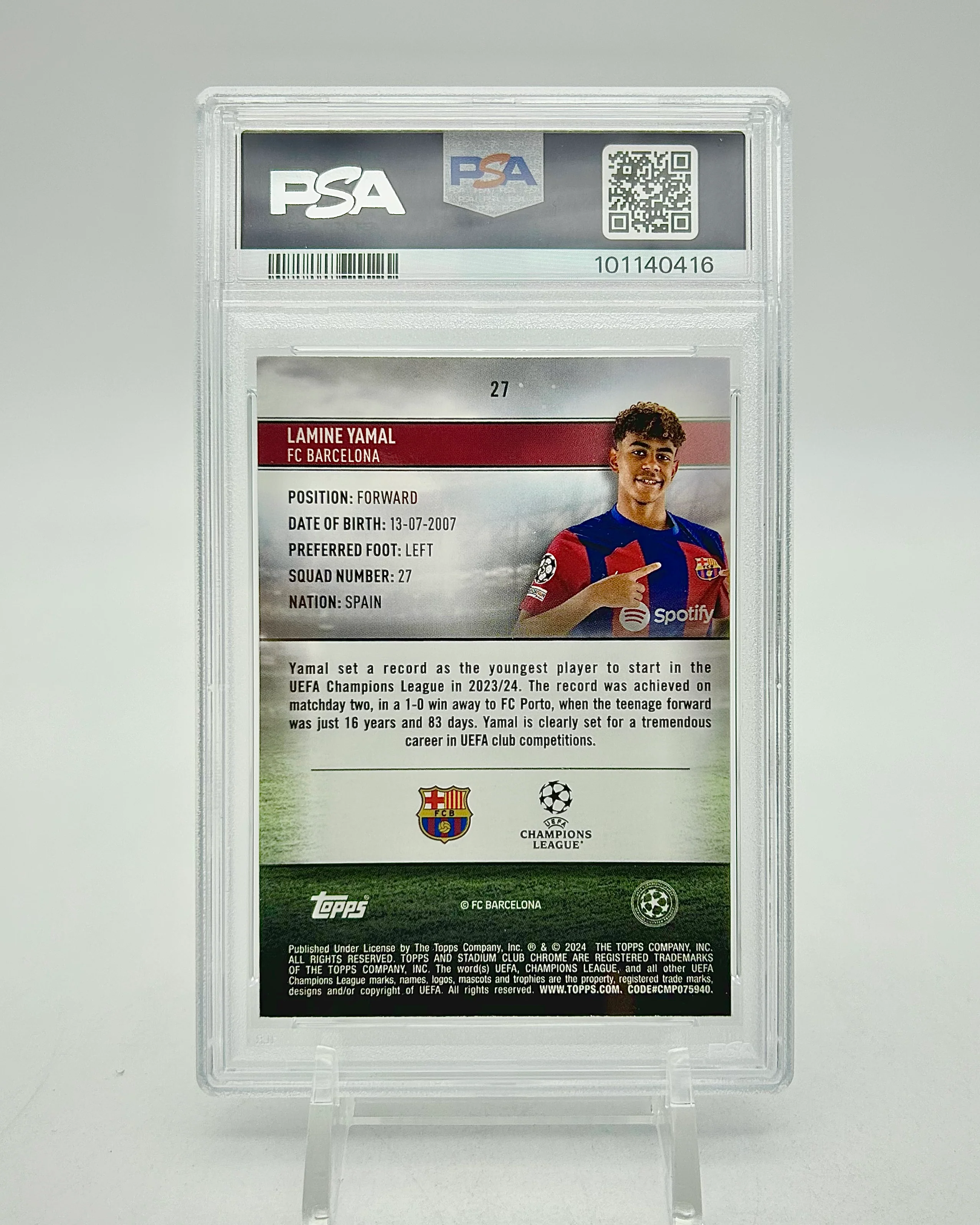 2023-24 Topps Stadium Club Chrome UCC Green Yellow Electric Charge Refractor /125: #27 Lamine Yamal (PSA 10) - Image 2