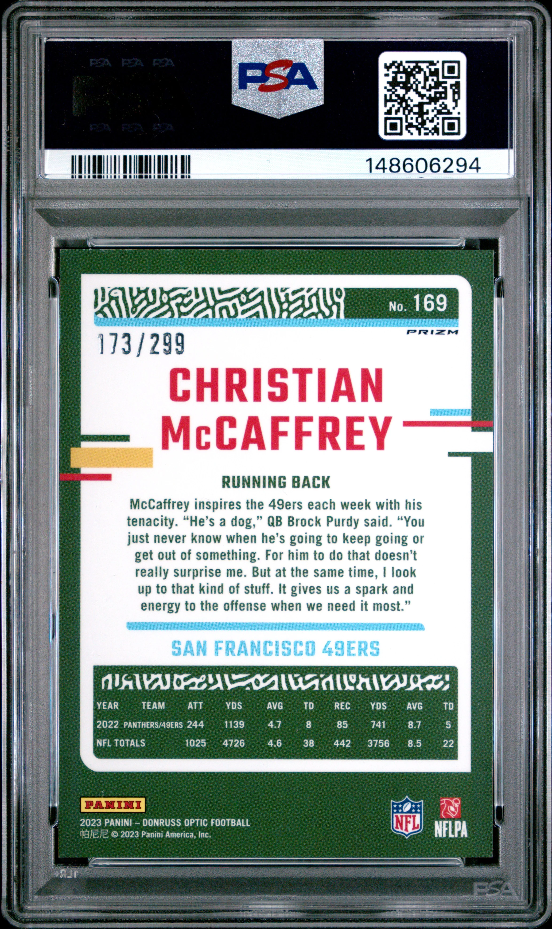 2023 Panini Donruss Optic Aqua /299 #169 Christian McCaffrey PSA 9 - Image 2