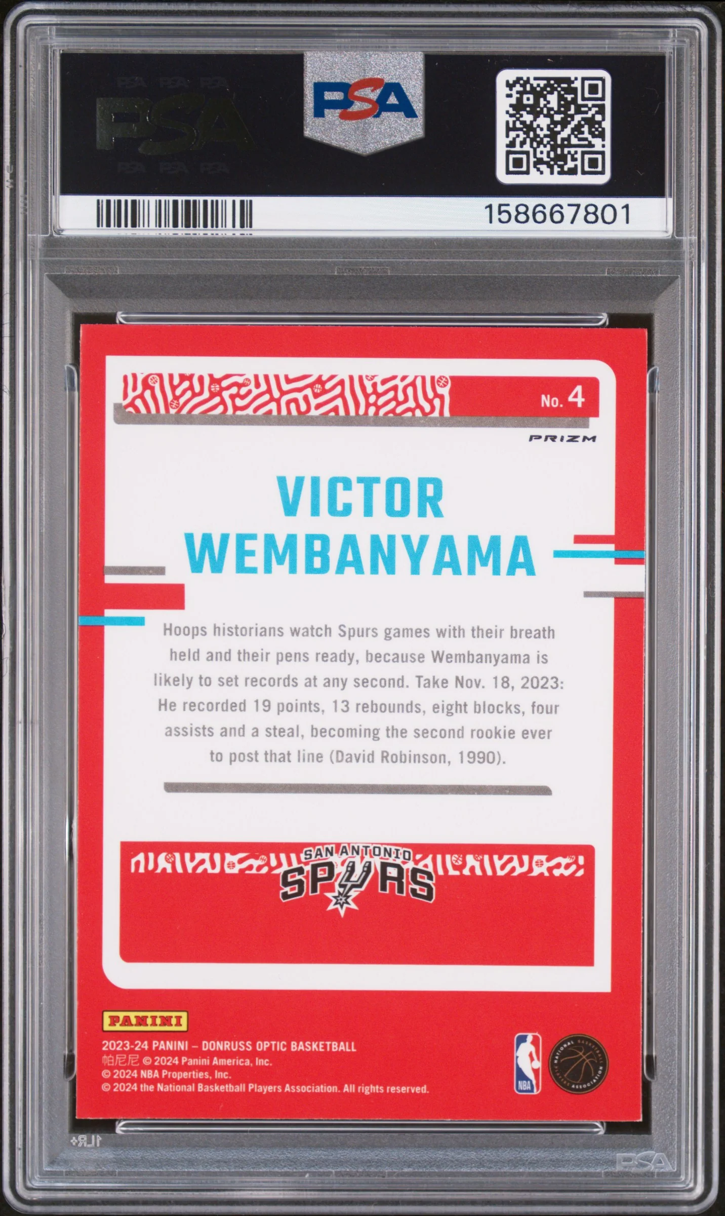 2023 Panini Donruss Optic The Rookies Holo #4 Victor Wembanyama PSA 9 - Image 2