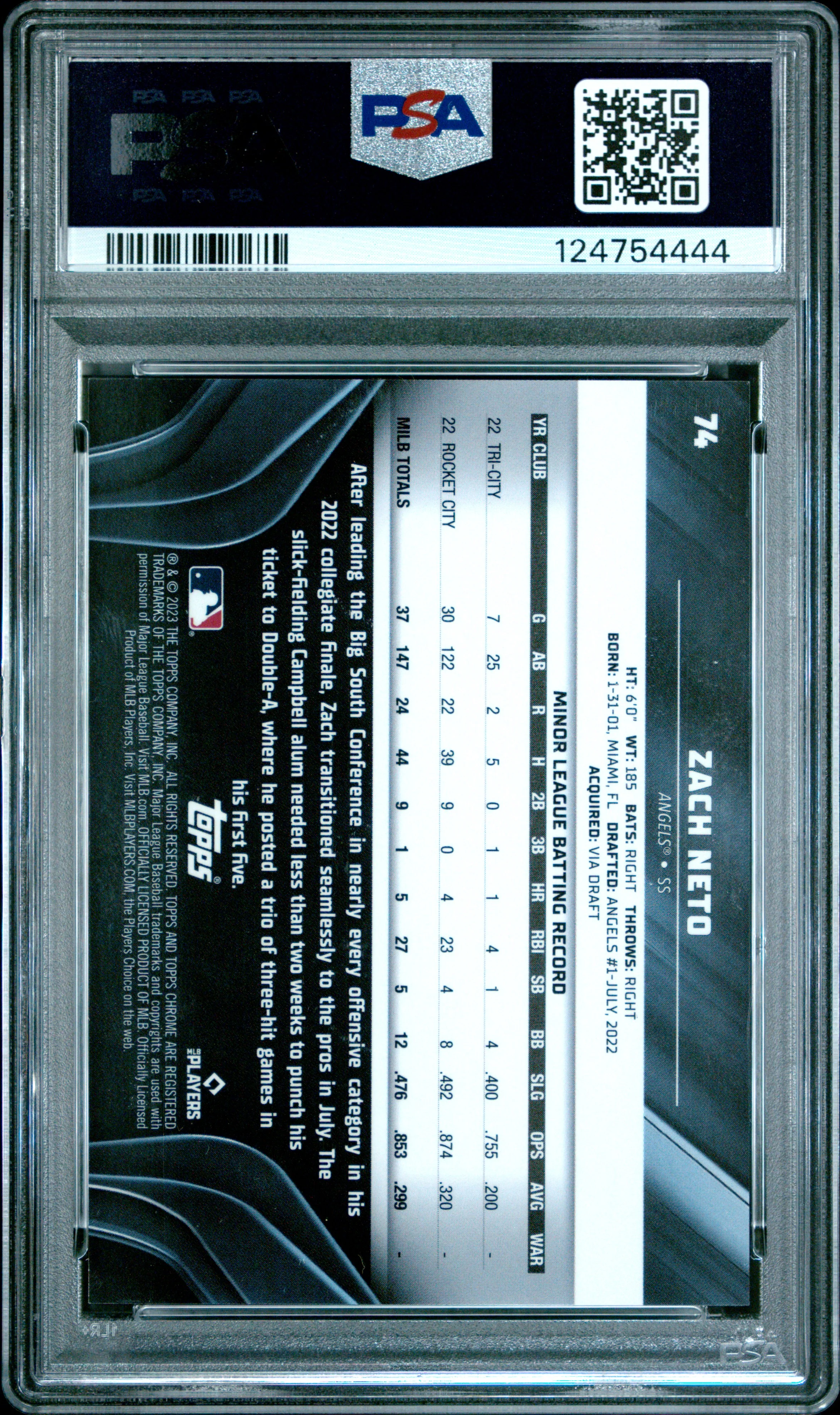 2023 Topps Chrome Black Gold Refractor /50 Zach Neto #74 PSA 10 - Image 2