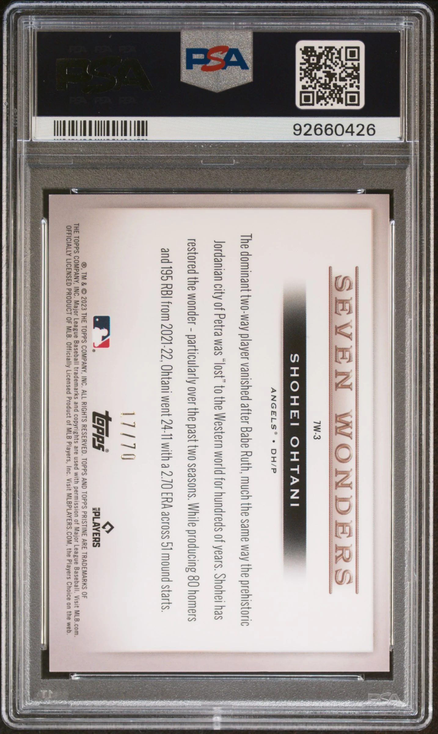 2023 Topps Pristine 7 Wonders 17/70 Shohei Ohtani #7W3 PSA 10 - Image 4