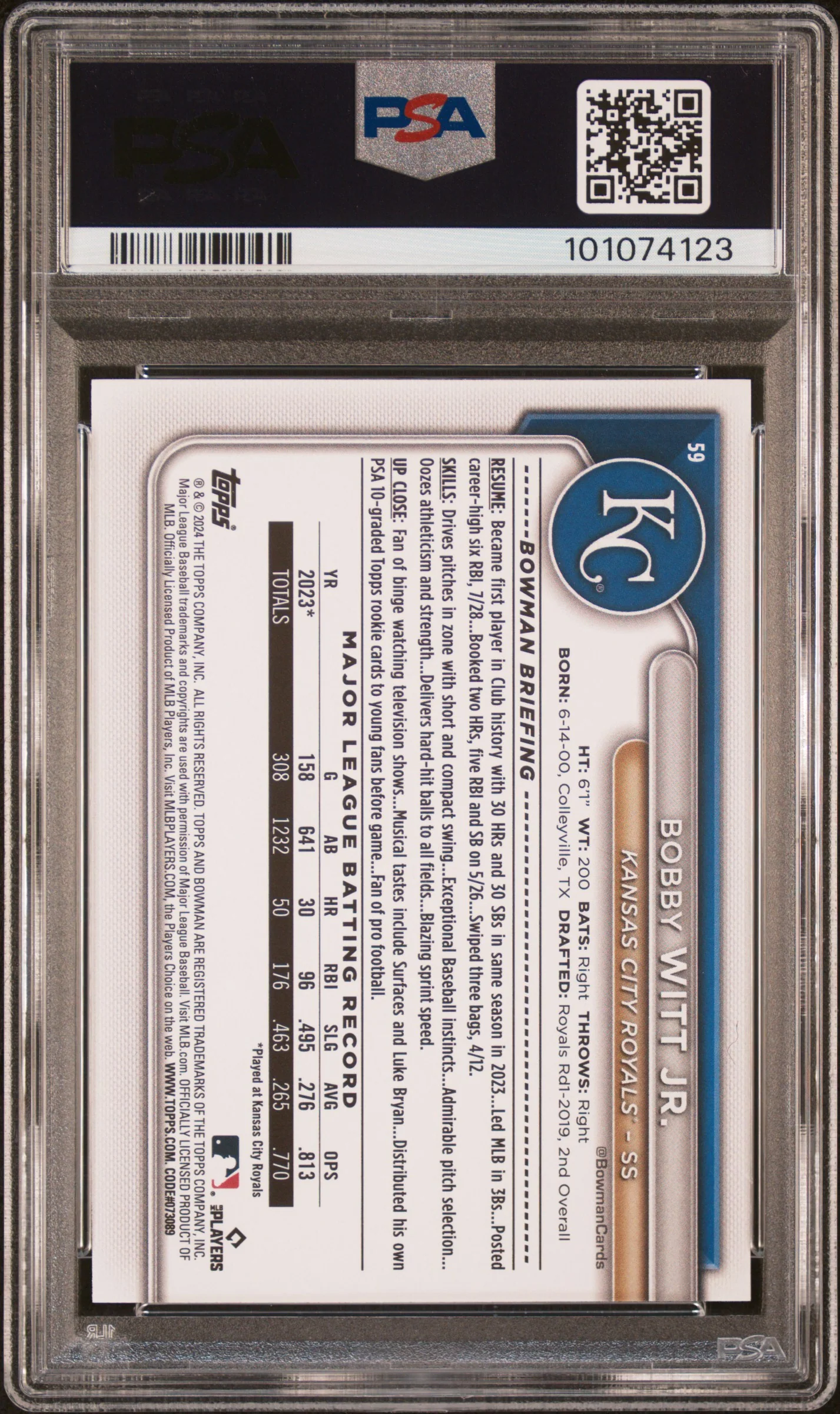 2024 Bowman Sky Blue /499 #59 Bobby Witt Jr. PSA 10 - Image 2