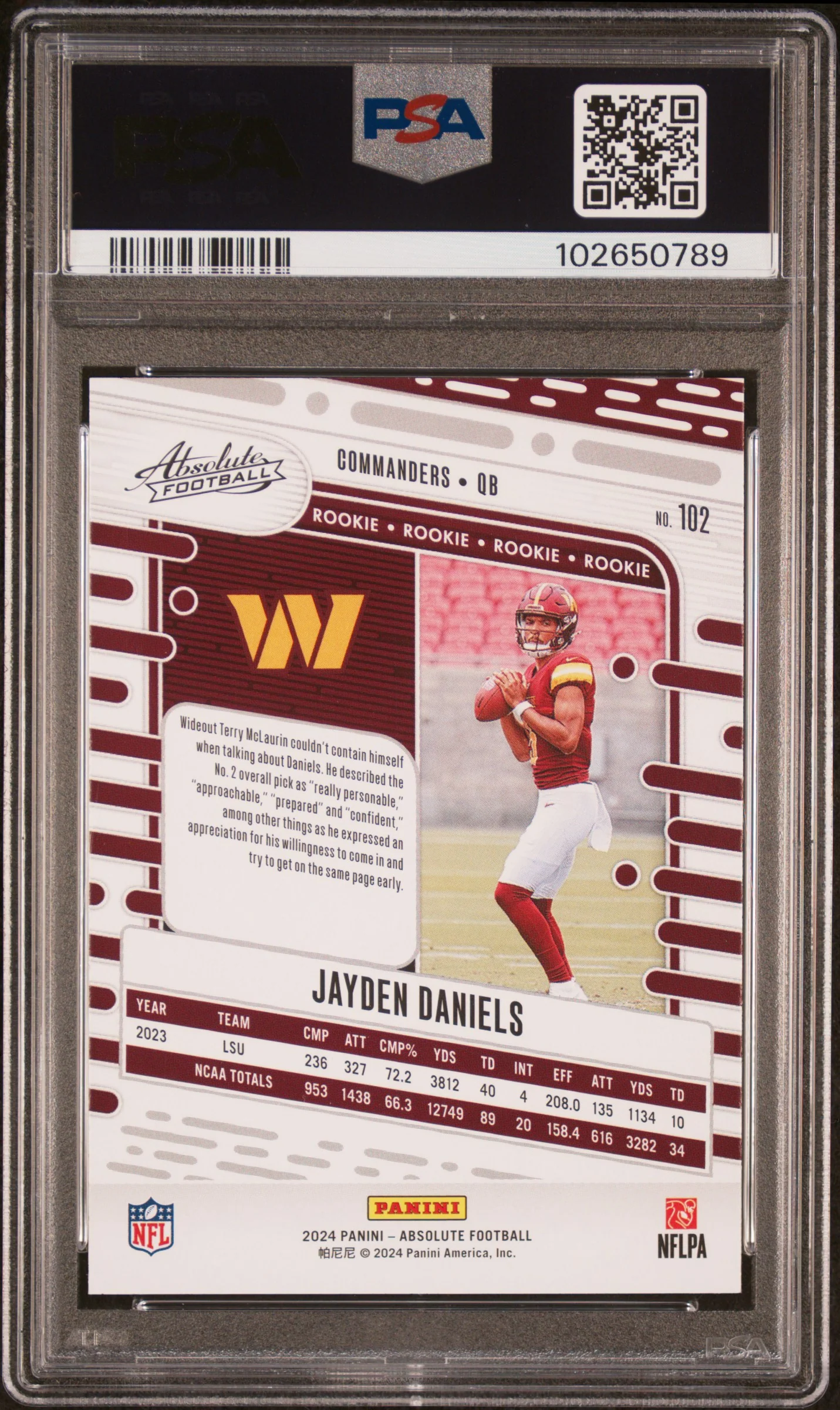 2024 Panini Absolute Red and Blue: #102 Jayden Daniels (PSA 9) - Image 2