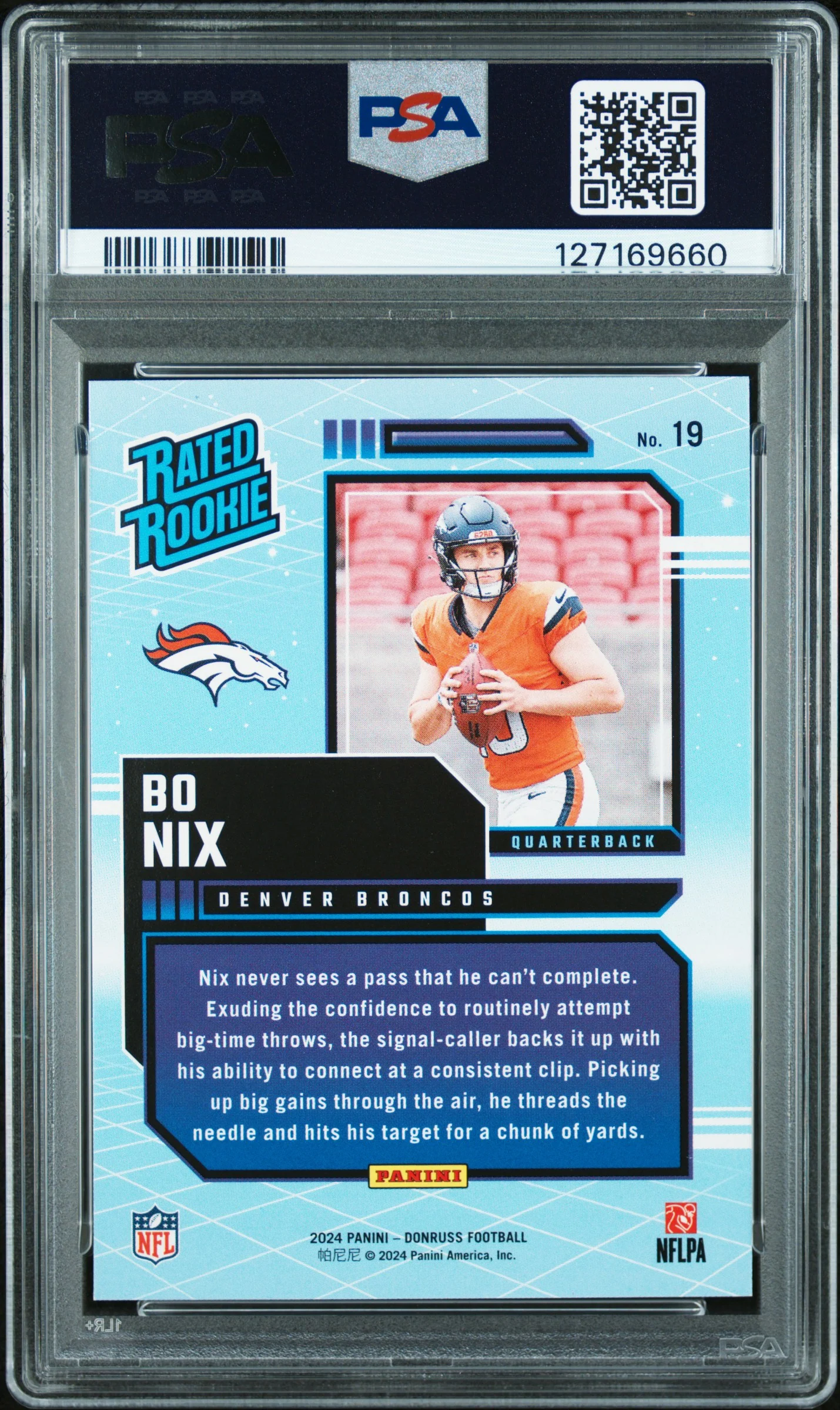 2024 Panini Donruss Rated Rookies Retro #19 Bo Nix PSA 10 - Image 2