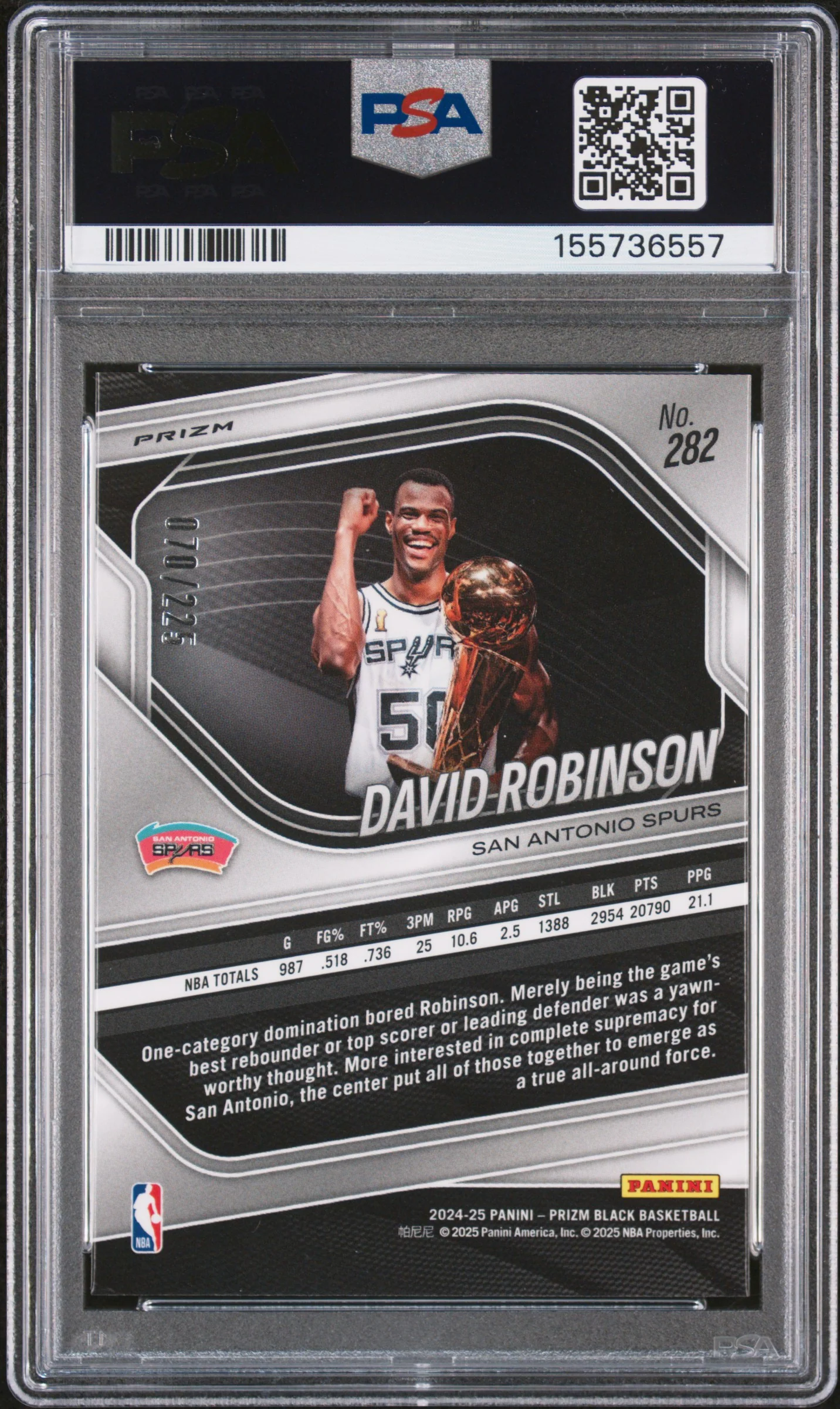2024 Panini Prizm Black Basketball Prizm /225 #282 David Robinson PSA 10 - Image 2