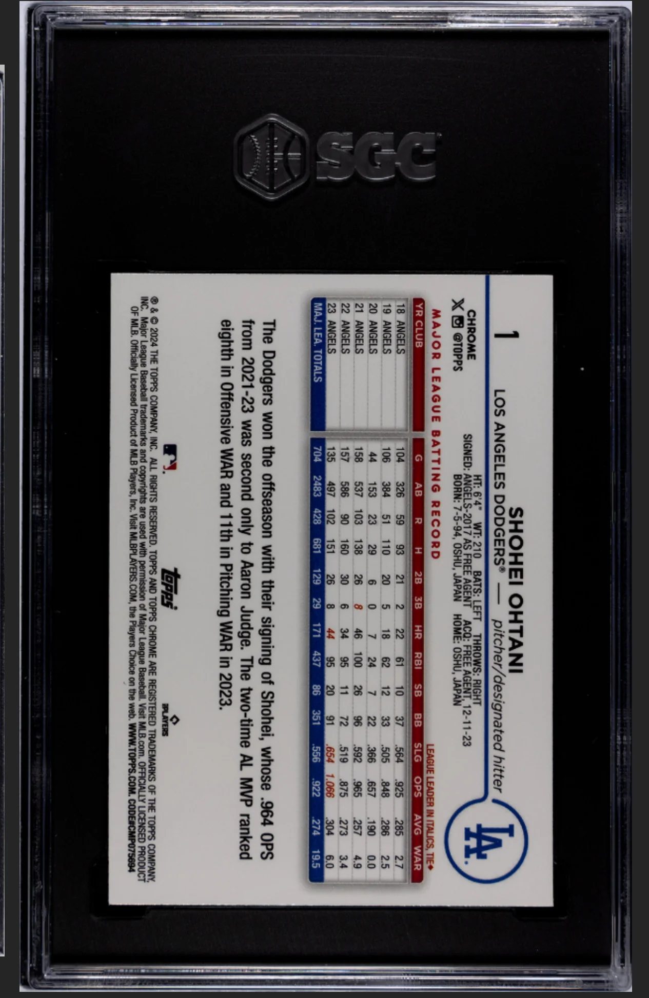 2024 Topps Chrome Aqua Raywave Refractor /199 Shohei Ohtani #1 SGC 10 - Image 2