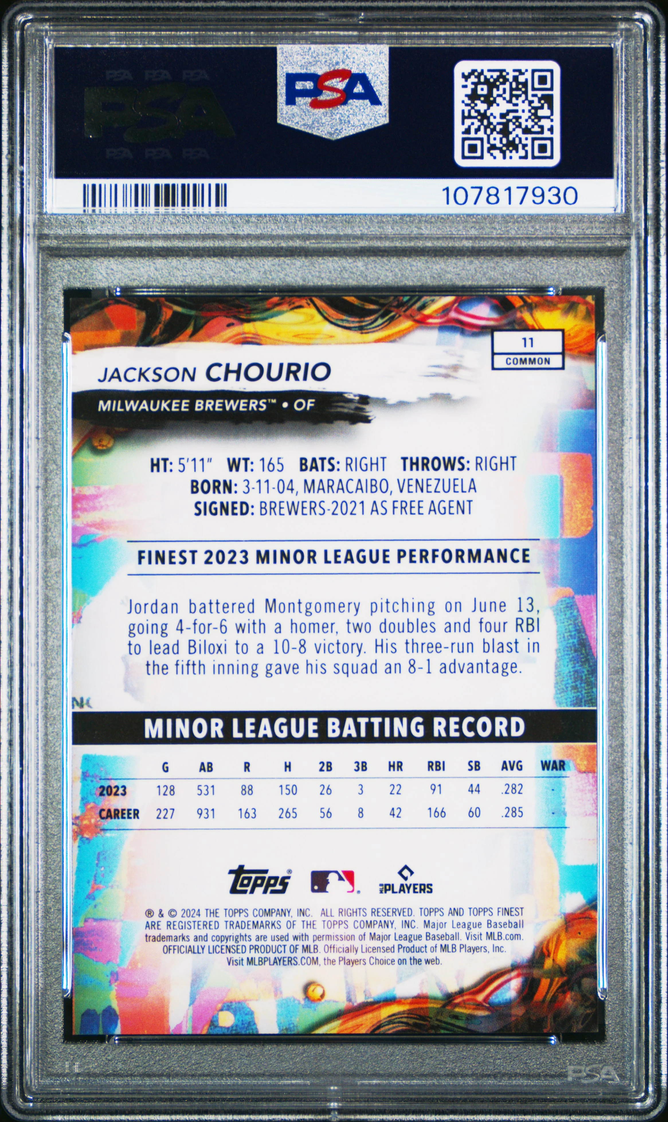 2024 Topps Finest Blue Checkerboard Refractor #11 Jackson Chourio PSA 10 - Image 2