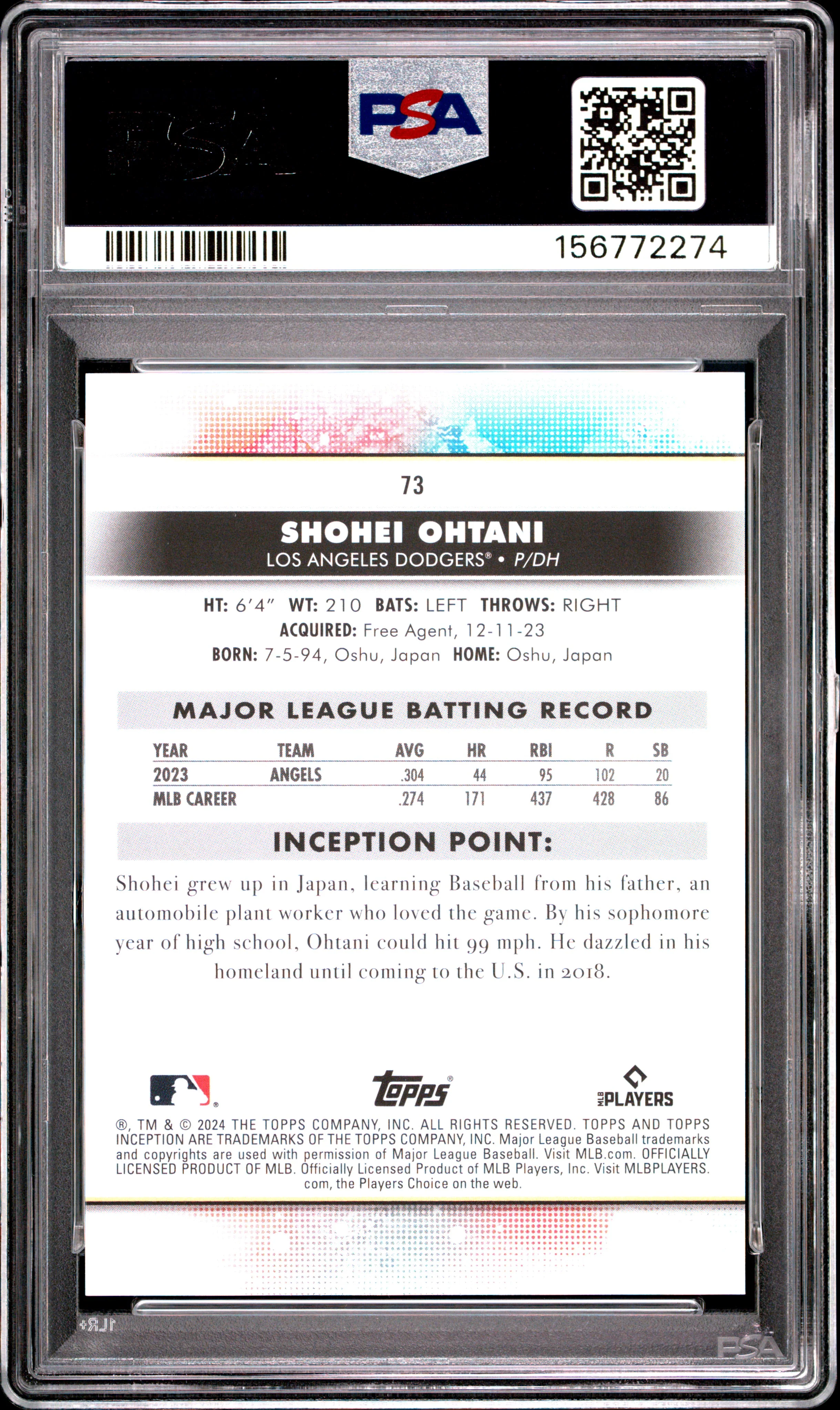 2024 Topps Inception #73 Shohei Ohtani PSA 10 - Image 2