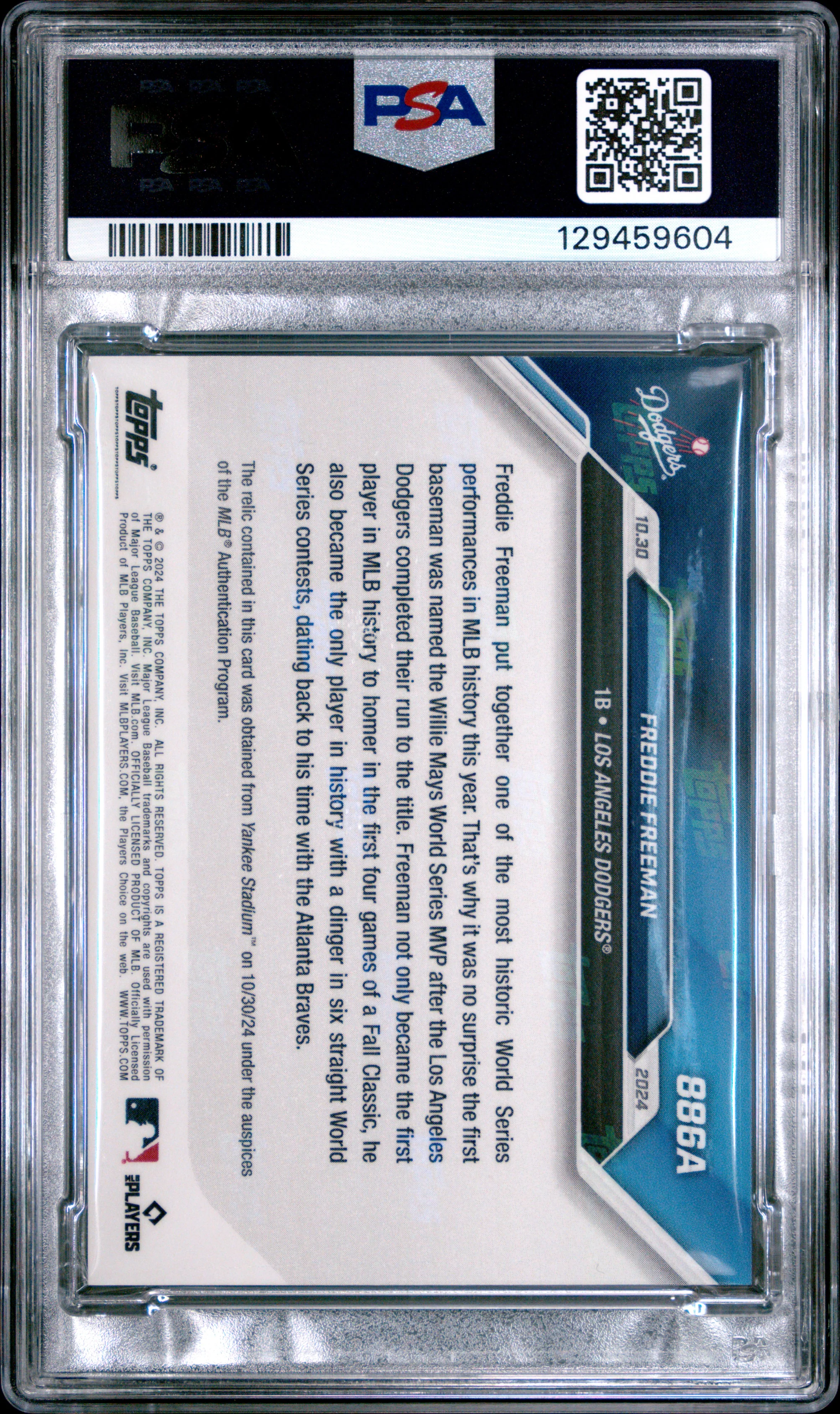 2024 Topps Now Game-Used Base Relic /125 #886A Freddie Freeman PSA 9 - Image 2