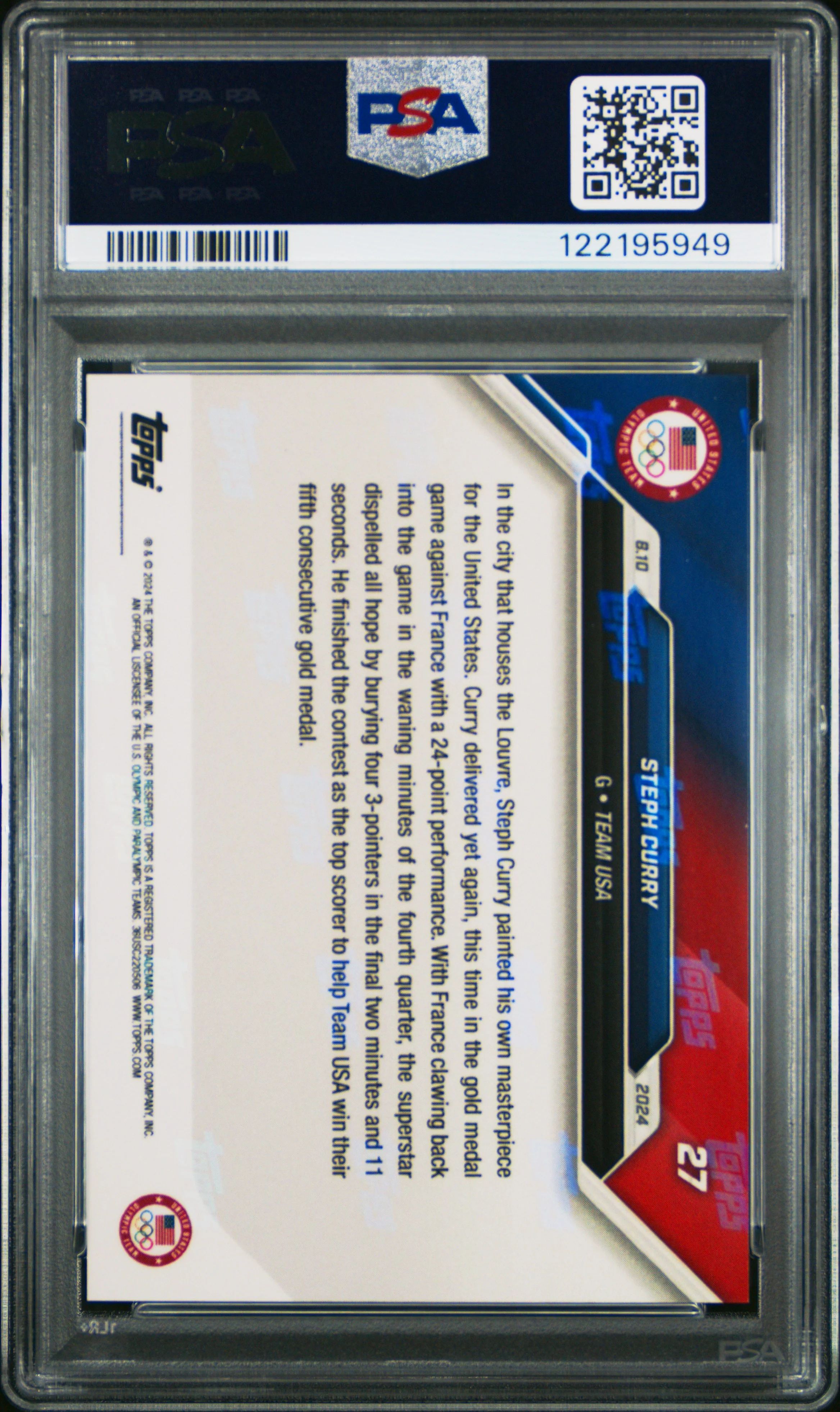 2024 Topps Now Olympics Steph Curry #27 PSA 10 - Image 2