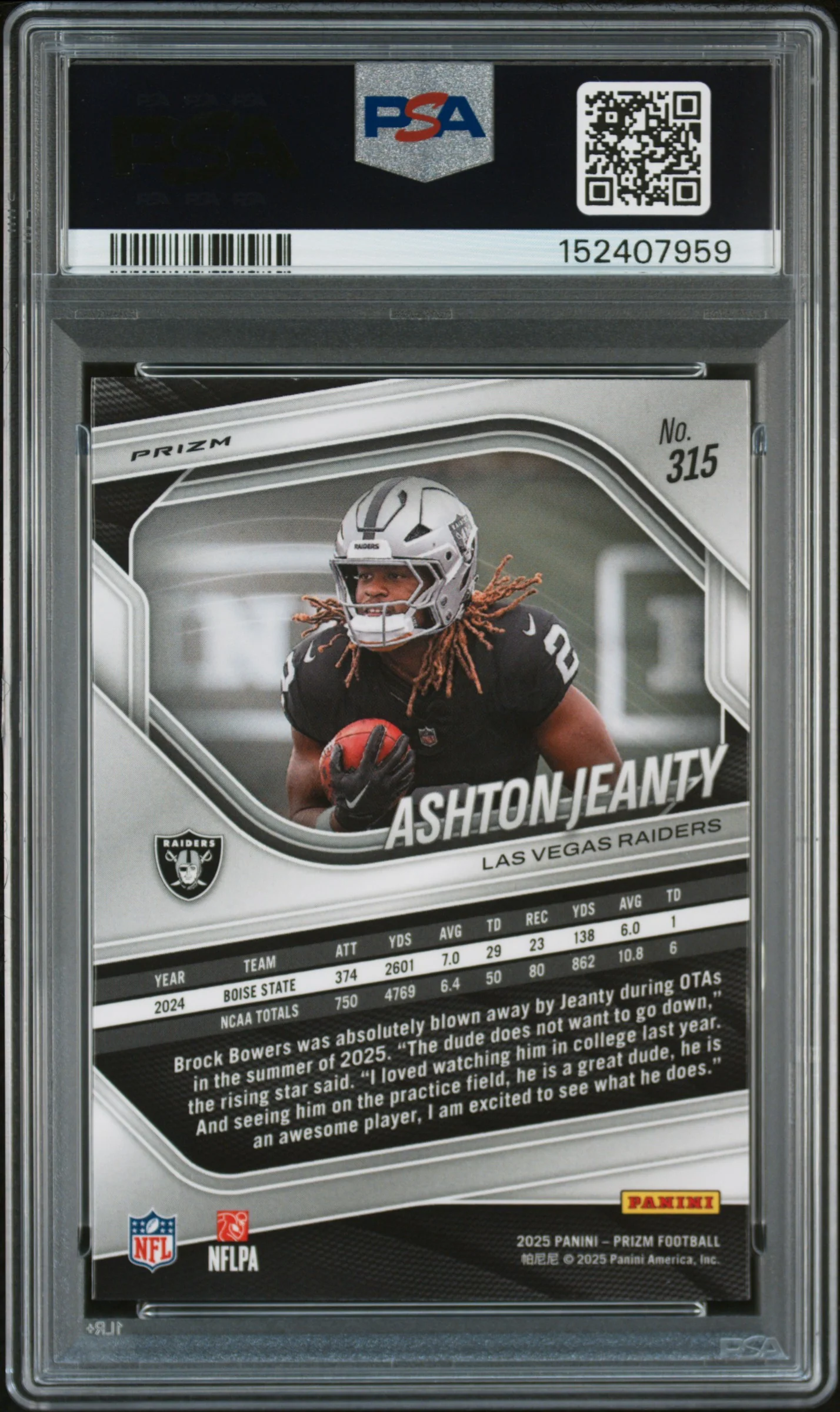 2025 Panini Prizm Silver Prizm #315 Ashton Jeanty PSA 9 - Image 2