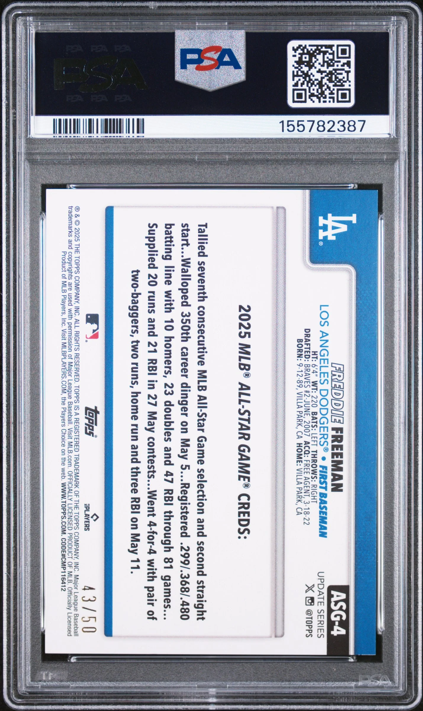 2025 Topps Update 2025 All-Star Game Gold Foil /50 #4 Freddie Freeman PSA 8 - Image 2